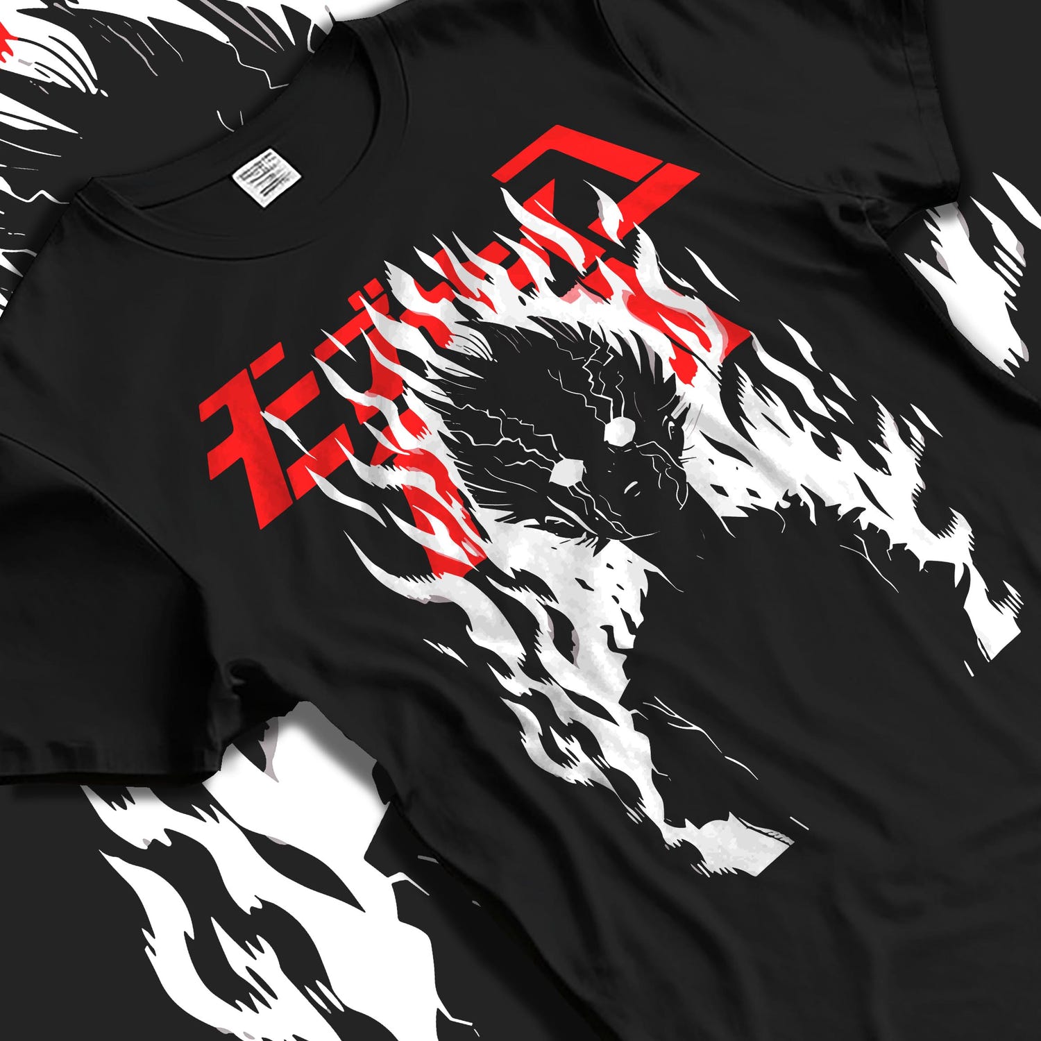 Black T-shirt laid flat with natural fabric folds, featuring Mob Psycho 100 silhouette fiery anime poster inspired artwork in retro graphic style.