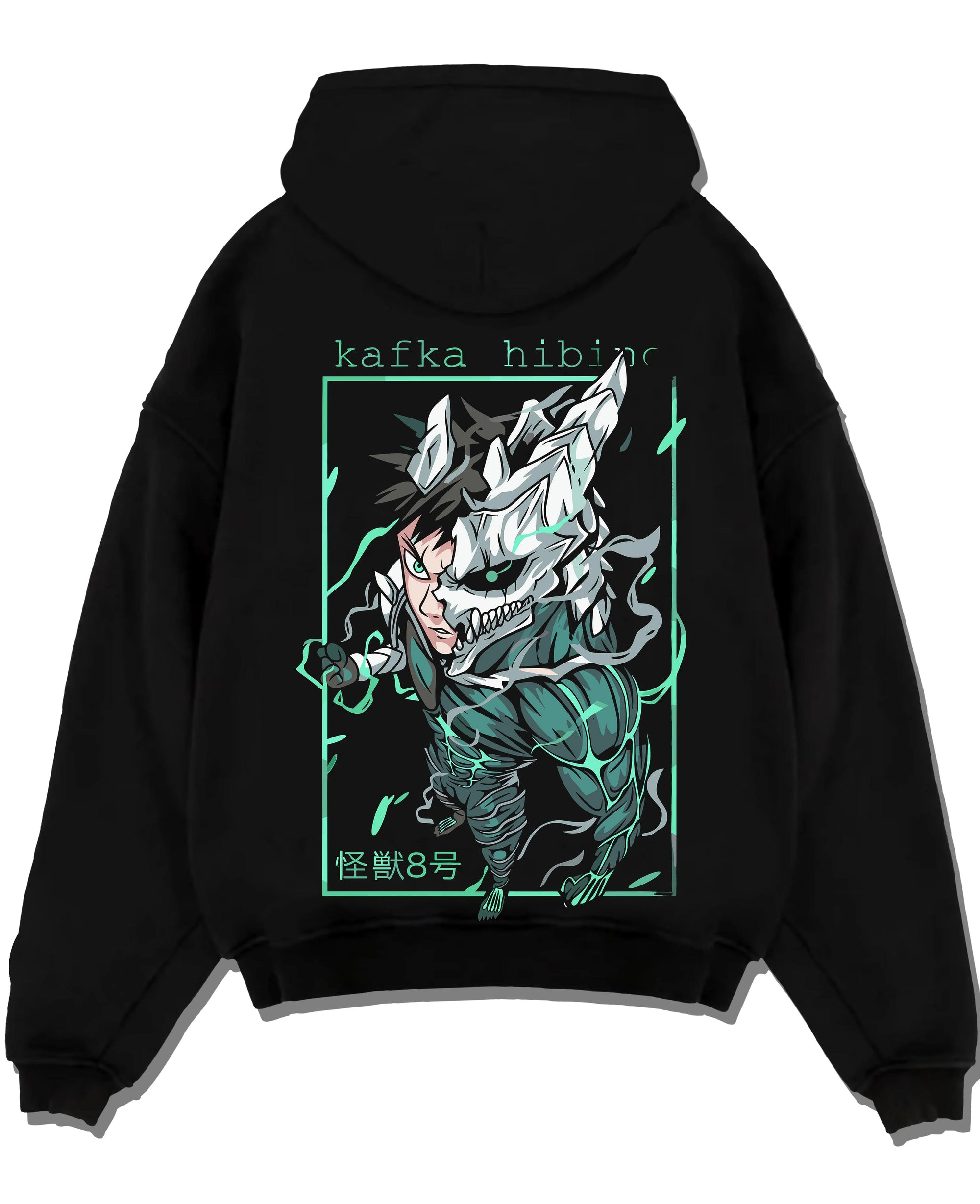 Black pullover hoodie laid flat with Kafka Hibino Hoodie Kaiju No. 8 Monster Form graphic bold anime graphic.