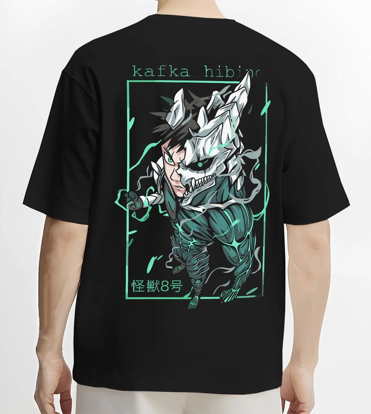 Black T-shirt worn by male model, back view with Kafka Hibino Hoodie Kaiju No. 8 Monster Form graphic premium wear.