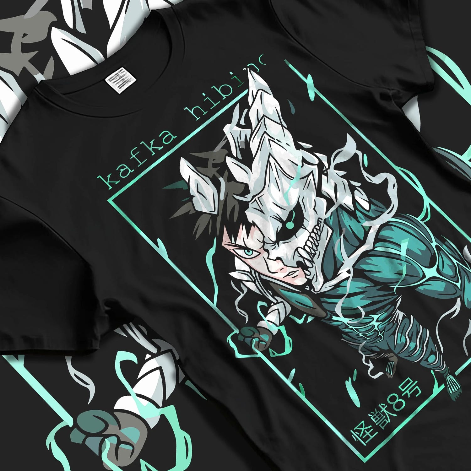 Black T-shirt laid flat with natural folds with Kafka Hibino Hoodie Kaiju No. 8 Monster Form graphic streetwear graphic.