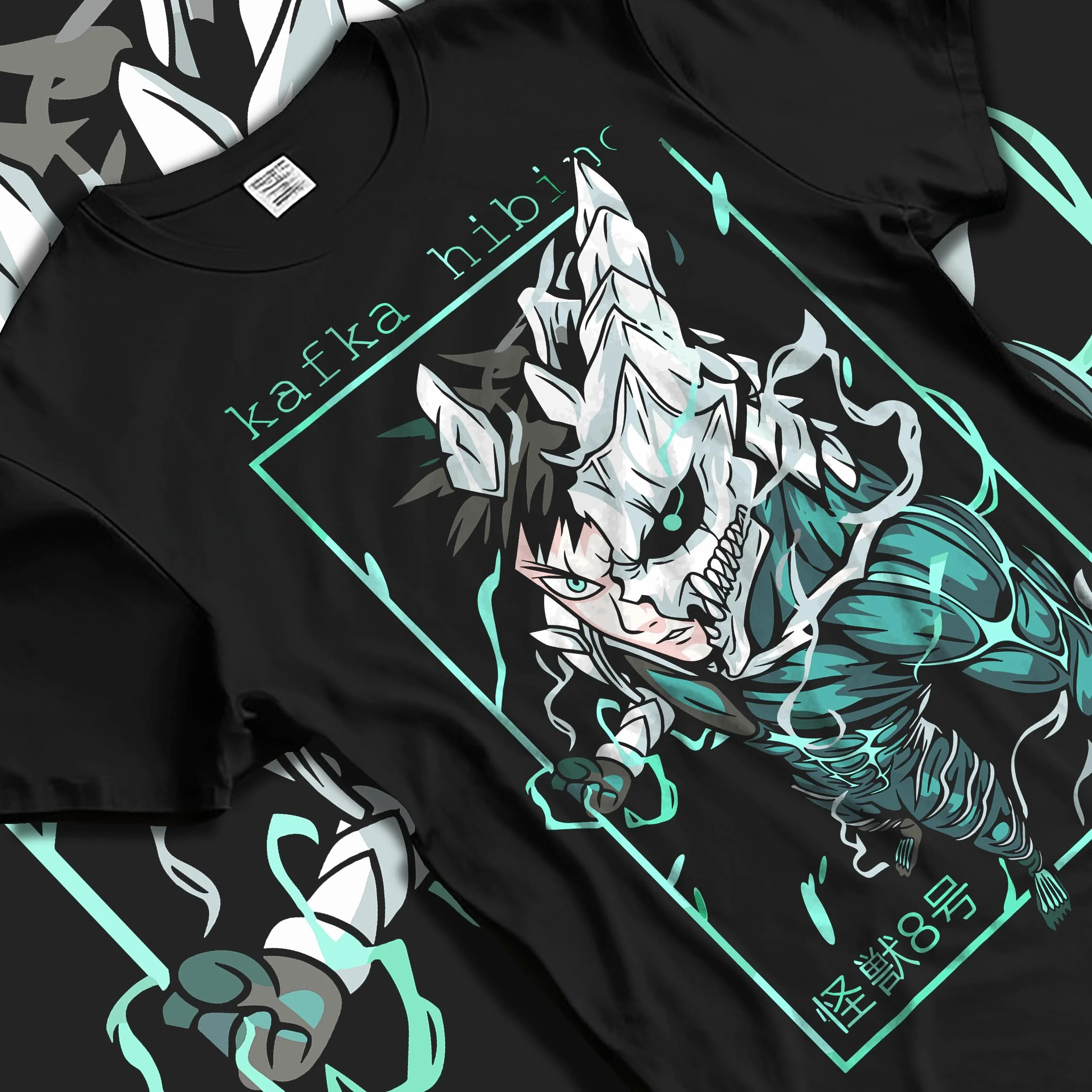 Black T-shirt laid flat with natural folds with Kafka Hibino Hoodie Kaiju No. 8 Monster Form graphic streetwear graphic.