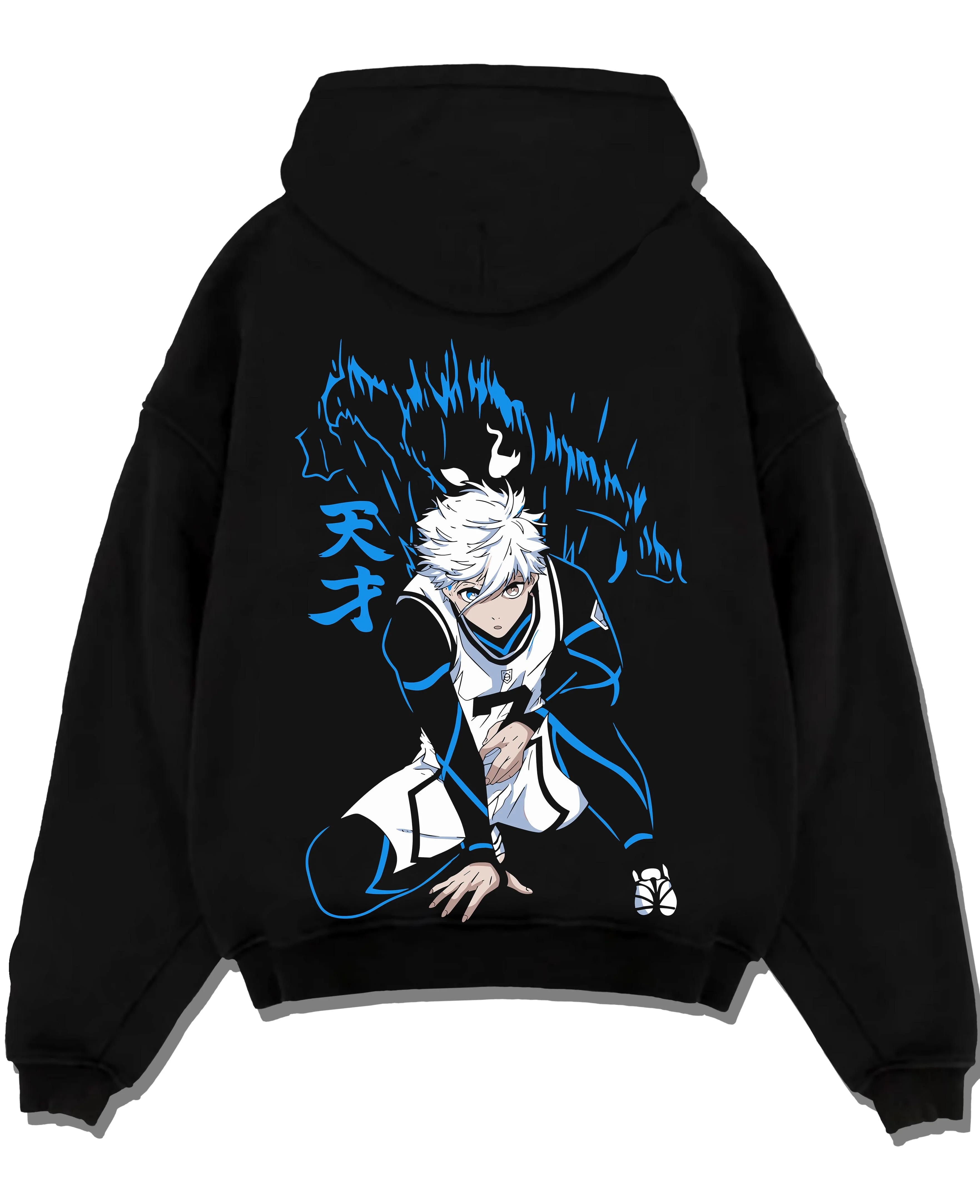 Black pullover hoodie laid flat with Nagi Seishiro Hoodie Blue Lock Cool Striker Design graphic bold anime graphic.