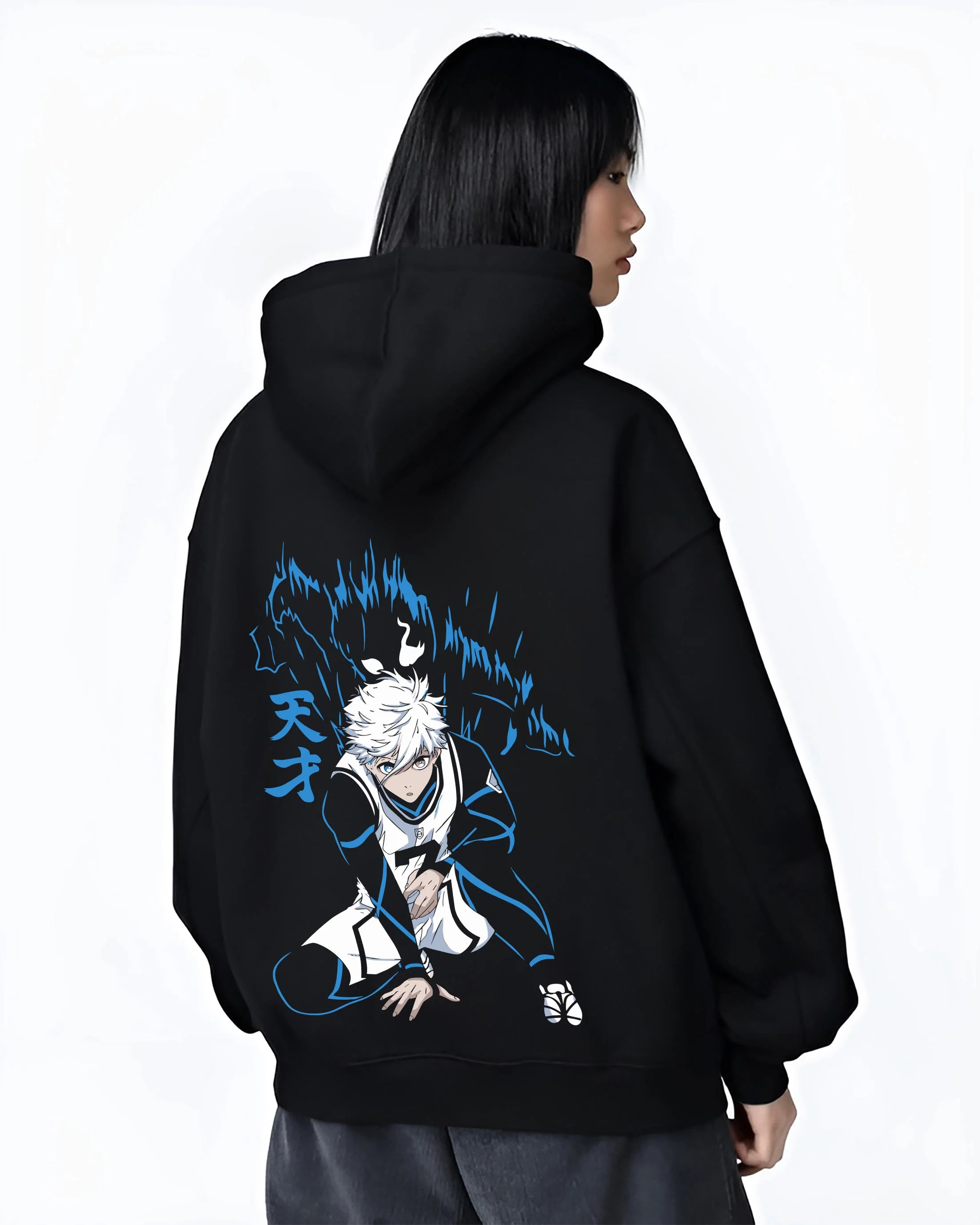 Black hoodie worn by female model, back view with Nagi Seishiro Hoodie Blue Lock Cool Striker Design graphic streetwear graphic.