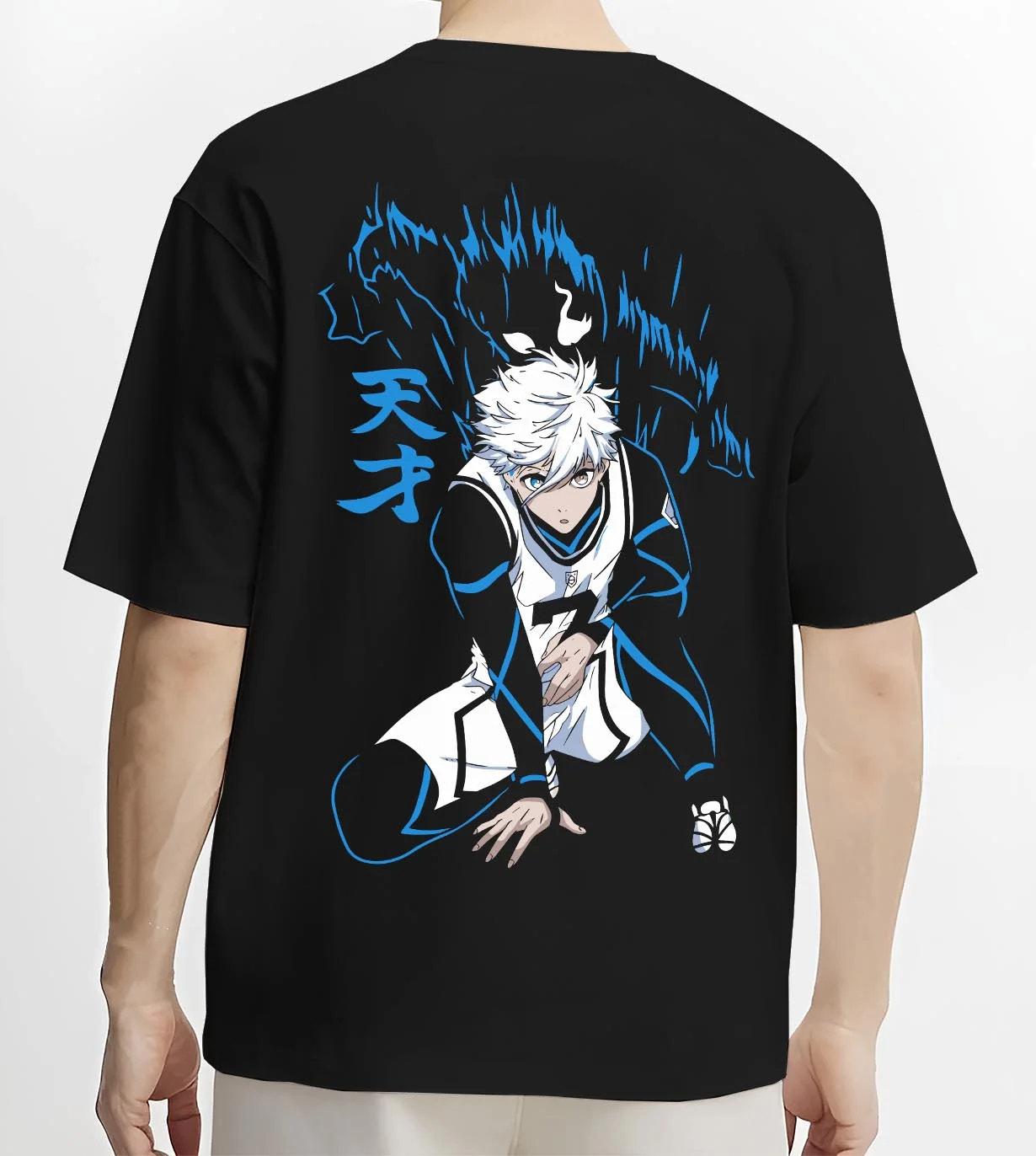 Black T-shirt worn by male model, back view with Nagi Seishiro Hoodie Blue Lock Cool Striker Design graphic premium wear.