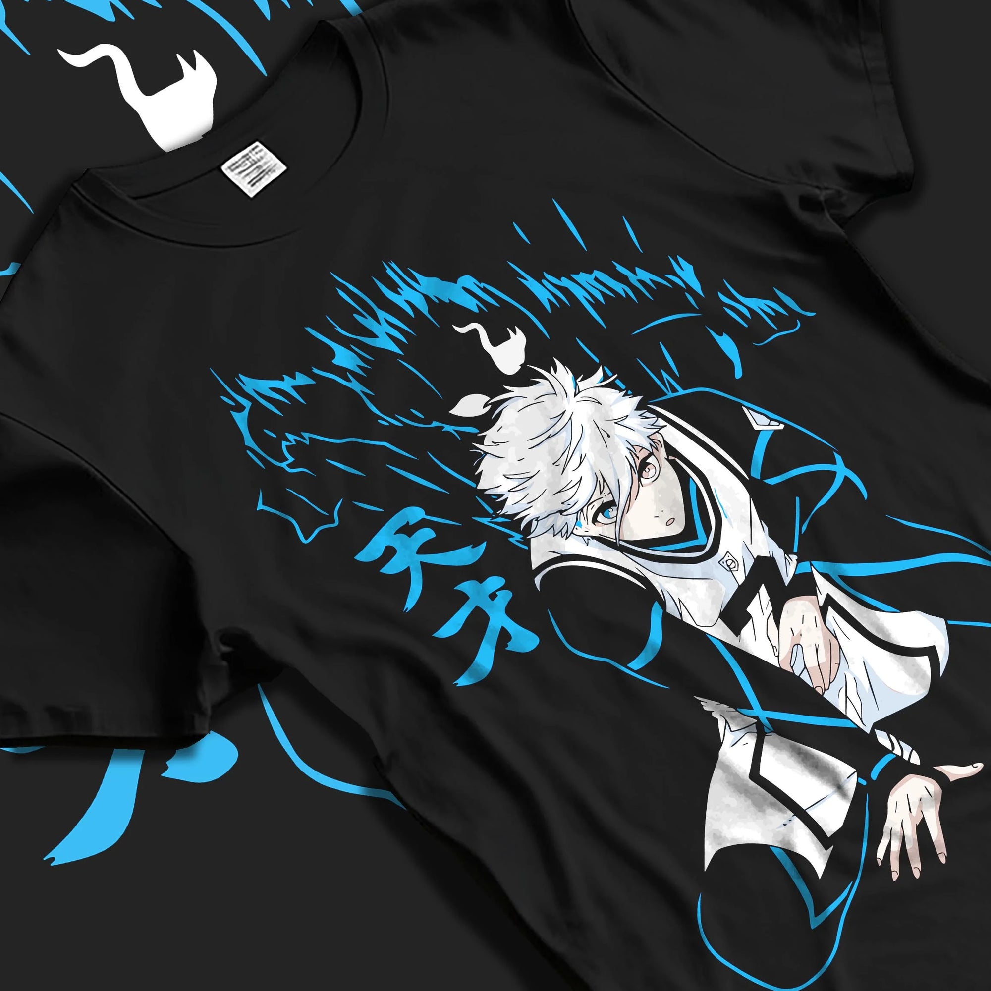 Black T-shirt laid flat with natural folds with Nagi Seishiro Hoodie Blue Lock Cool Striker Design graphic bold anime graphic.