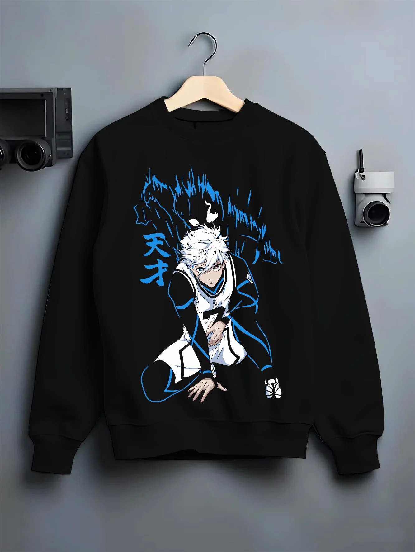 Black crewneck sweatshirt on hanger with Nagi Seishiro Hoodie Blue Lock Cool Striker Design graphic bold anime graphic.