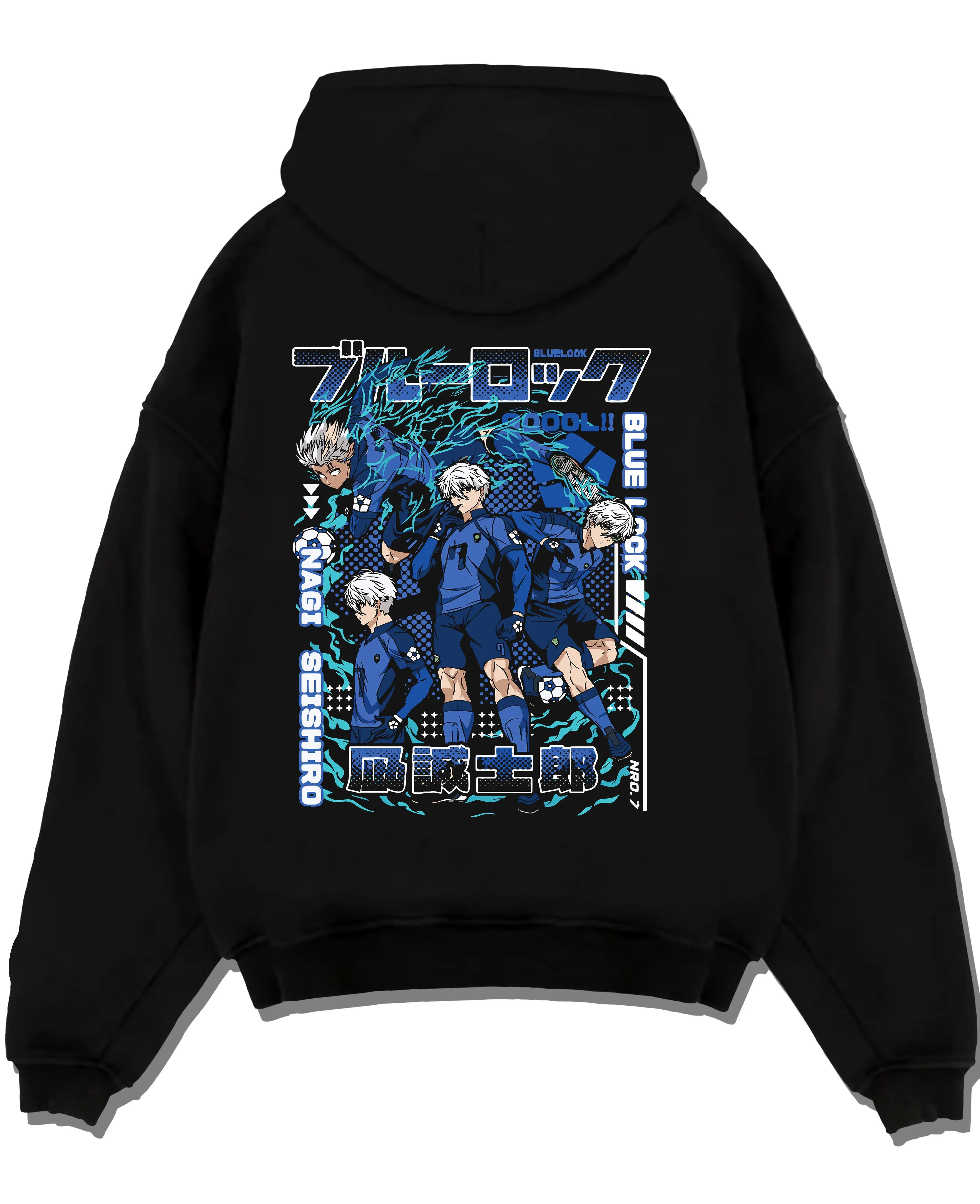 Black pullover hoodie laid flat with Blue Lock Hoodie Nagi Reo Dynamic Striker Pair graphic premium wear.