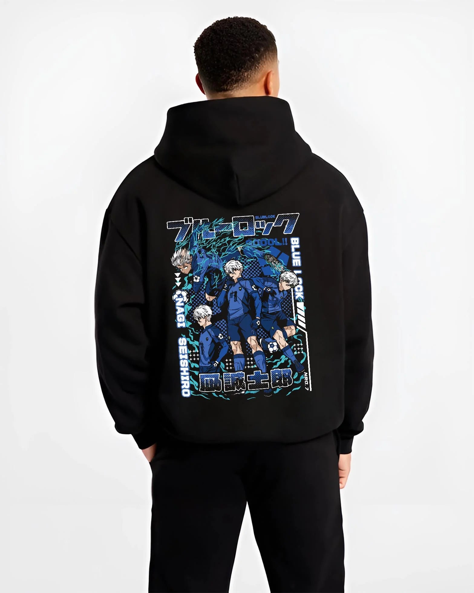 Black hoodie worn by male model, back view with Blue Lock Hoodie Nagi Reo Dynamic Striker Pair graphic premium wear.