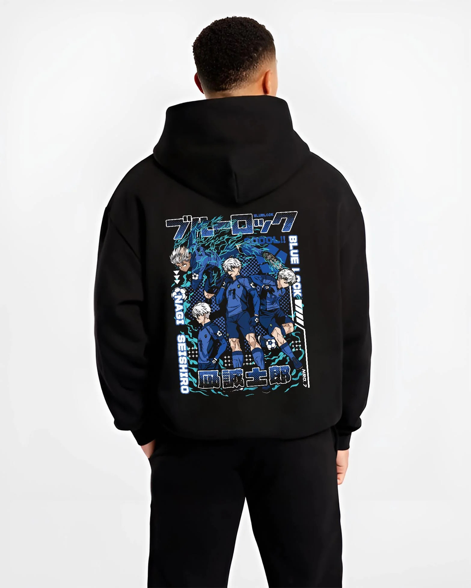 Black hoodie worn by male model, back view with Blue Lock Hoodie Nagi Reo Dynamic Striker Pair graphic premium wear.