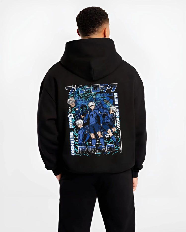 Black hoodie worn by male model, back view with Blue Lock Hoodie Nagi Reo Dynamic Striker Pair graphic premium wear.