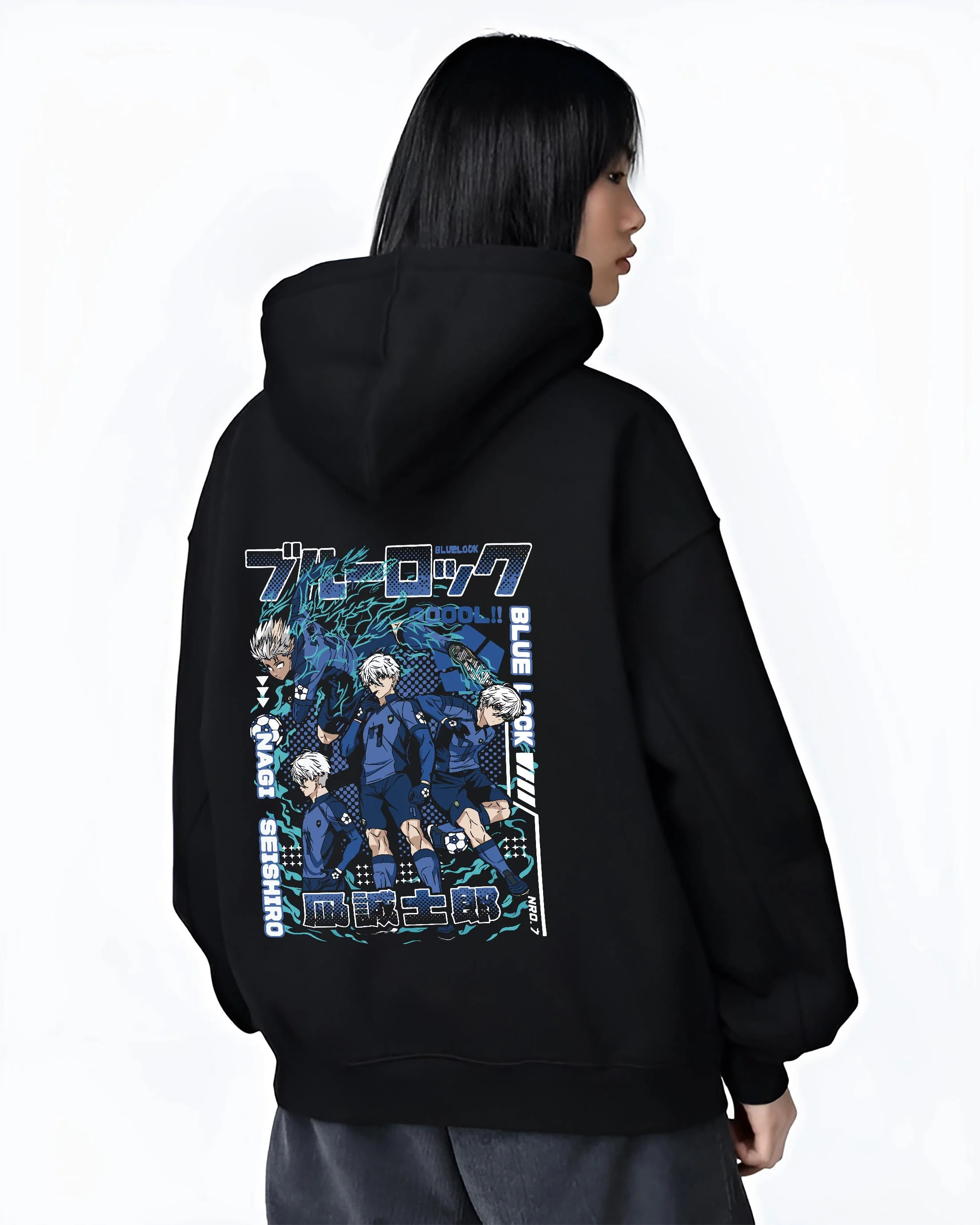 Black hoodie worn by female model, back view with Blue Lock Hoodie Nagi Reo Dynamic Striker Pair graphic premium wear.
