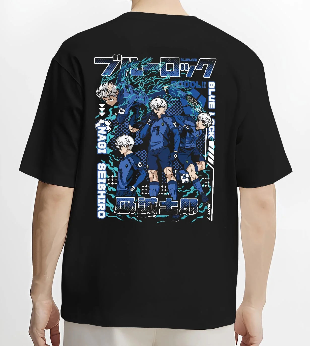 Black T-shirt worn by male model, back view with Blue Lock Hoodie Nagi Reo Dynamic Striker Pair graphic bold anime graphic.