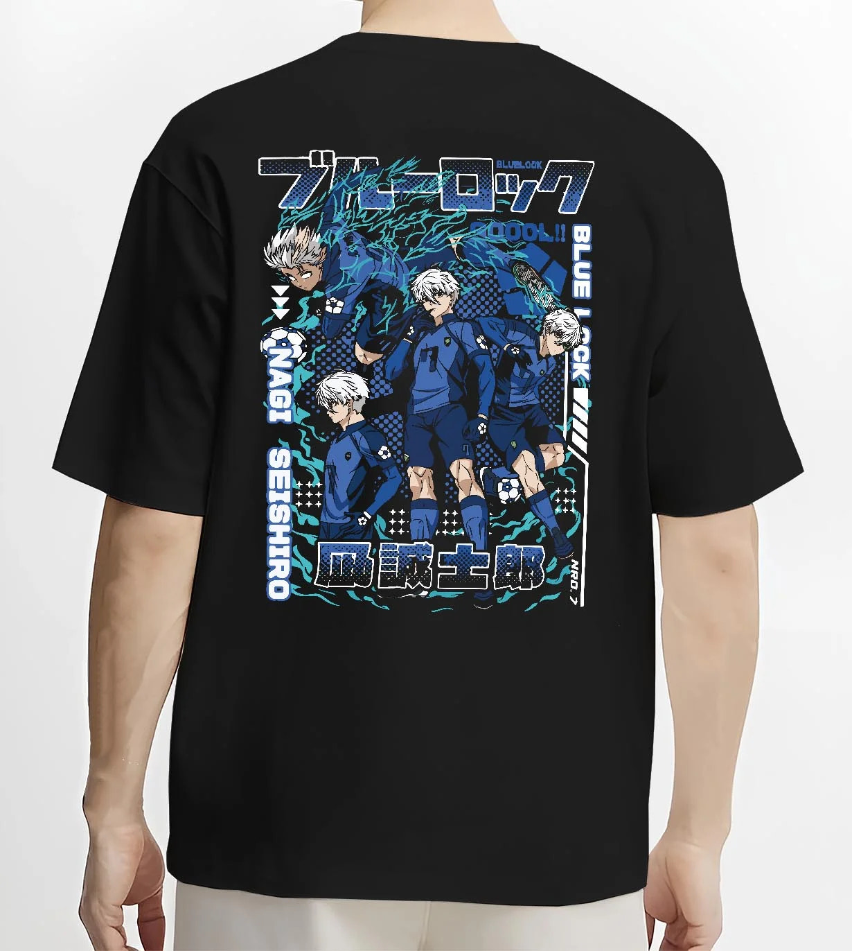 Black T-shirt worn by male model, back view with Blue Lock Hoodie Nagi Reo Dynamic Striker Pair graphic bold anime graphic.