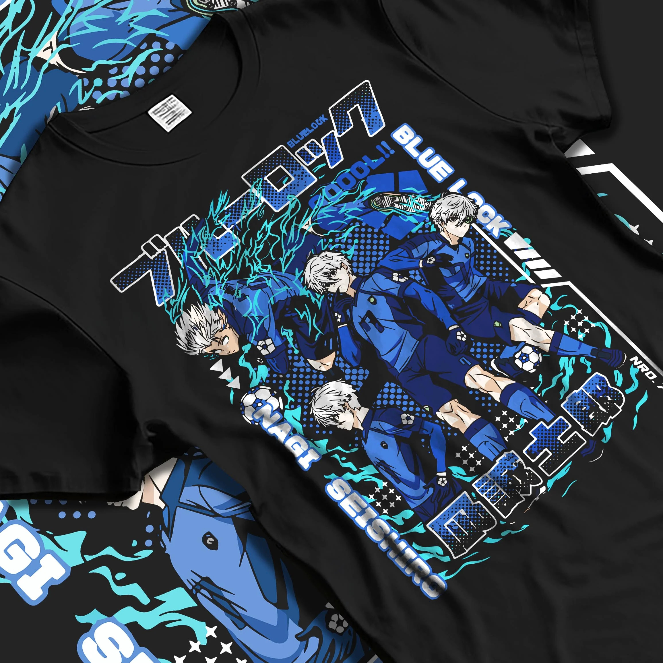 Black T-shirt laid flat with natural folds with Blue Lock Hoodie Nagi Reo Dynamic Striker Pair graphic premium wear.