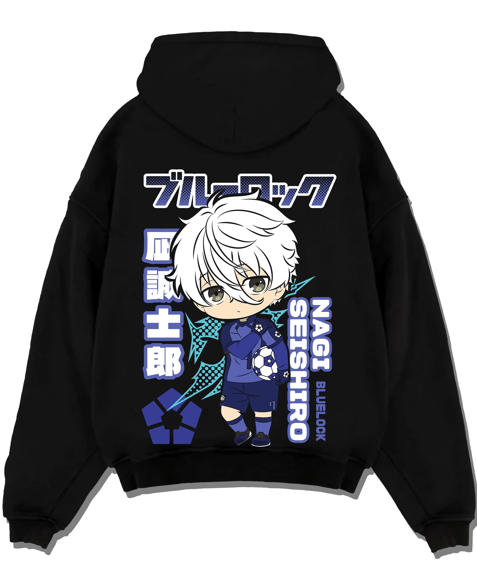 Black pullover hoodie laid flat with Nagi Seishiro Hoodie Blue Lock Striker Icon graphic bold anime graphic.