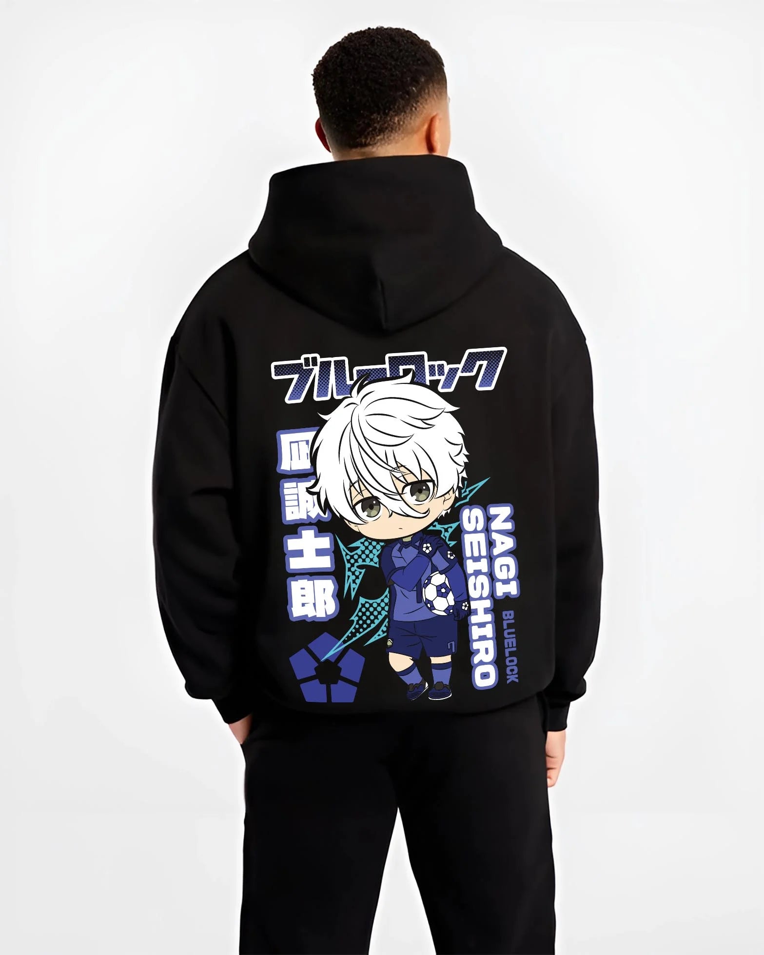 Black hoodie worn by male model, back view with Nagi Seishiro Hoodie Blue Lock Striker Icon graphic streetwear graphic.