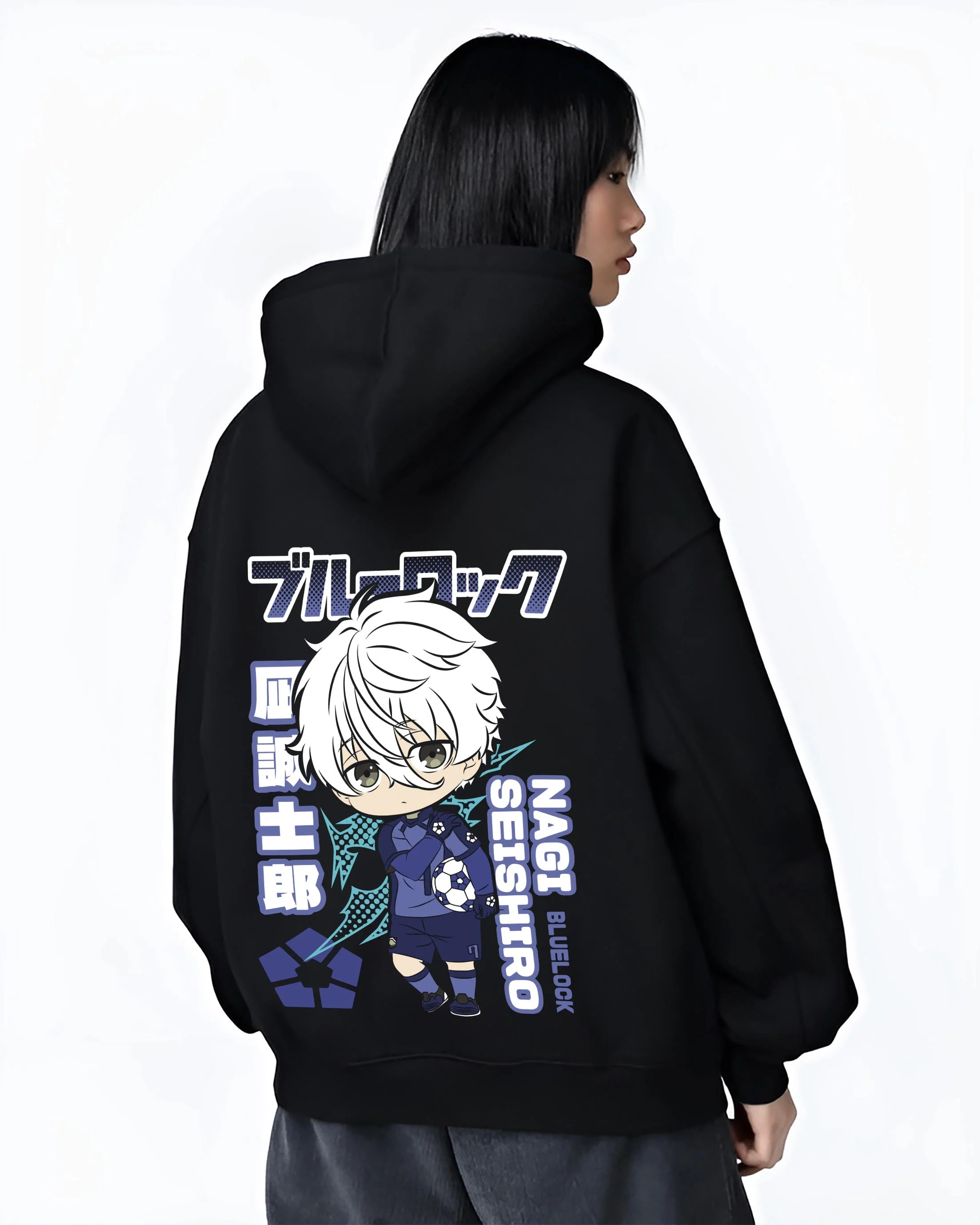 Black hoodie worn by female model, back view with Nagi Seishiro Hoodie Blue Lock Striker Icon graphic bold anime graphic.