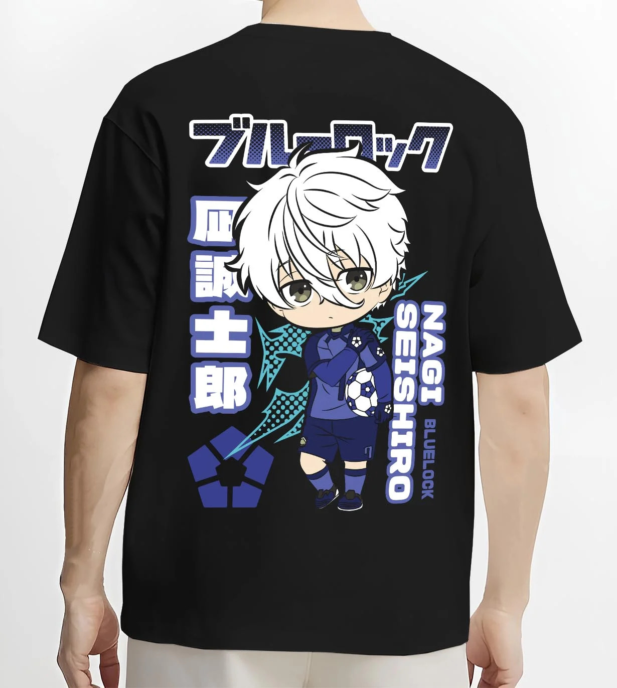 Black T-shirt worn by male model, back view with Nagi Seishiro Hoodie Blue Lock Striker Icon graphic streetwear graphic.