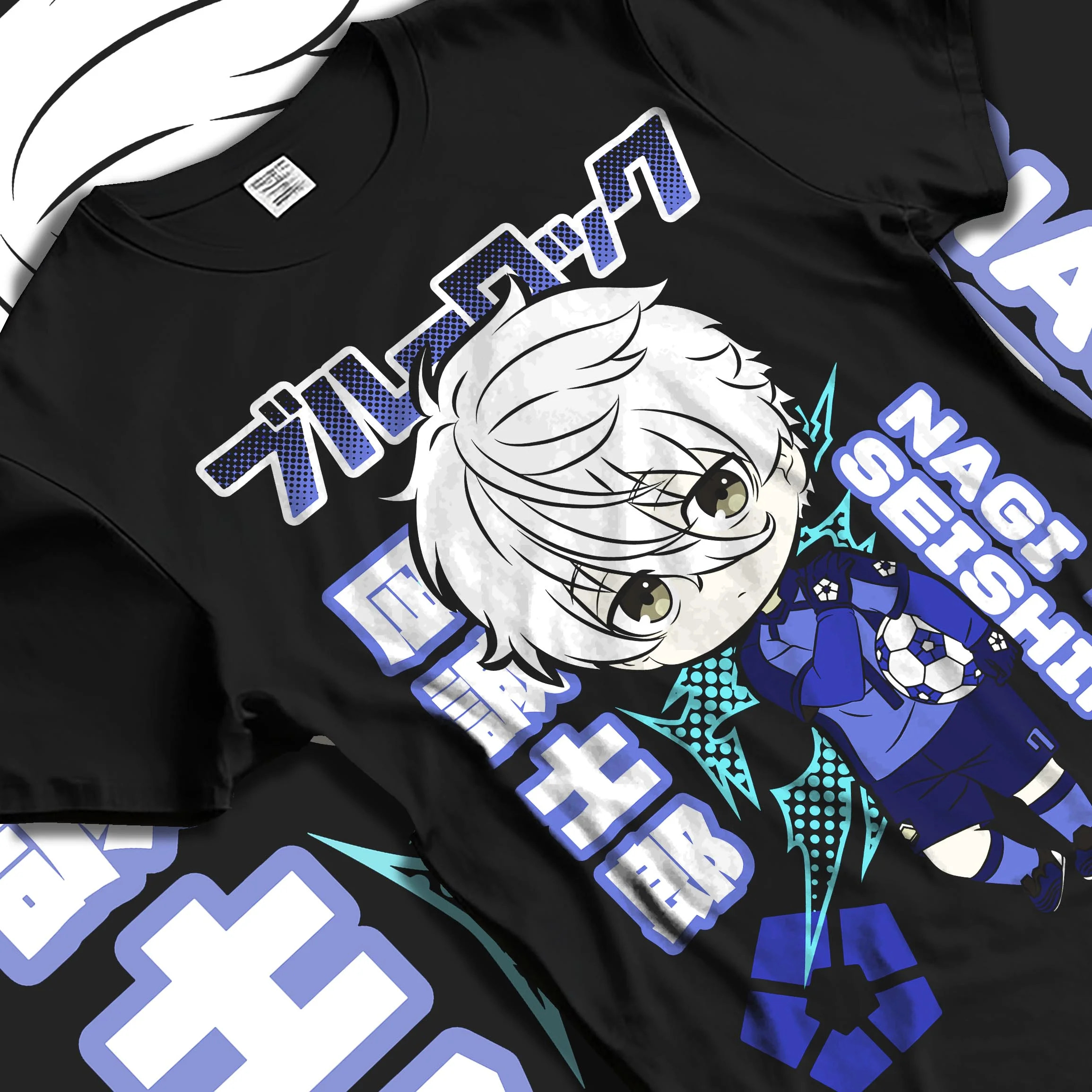 Black T-shirt laid flat with natural folds with Nagi Seishiro Hoodie Blue Lock Striker Icon graphic bold anime graphic.