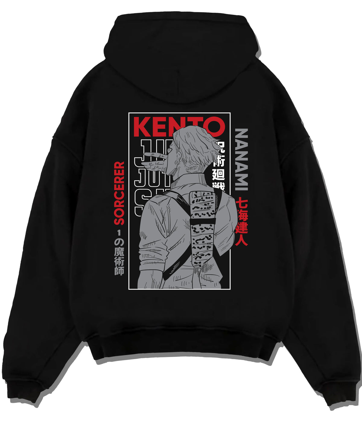 Black hoodie flat back view showing Kento Nanami from Jujutsu Kaisen: suited sorcerer