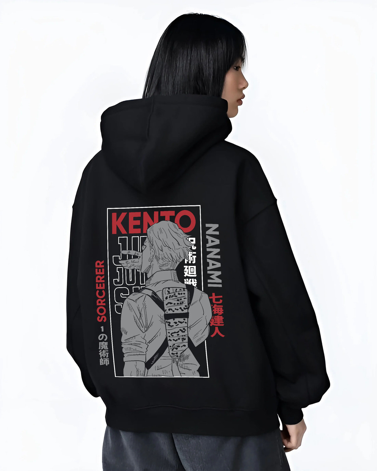 Black hoodie female model back view showing Kento Nanami from Jujutsu Kaisen: suited sorcerer