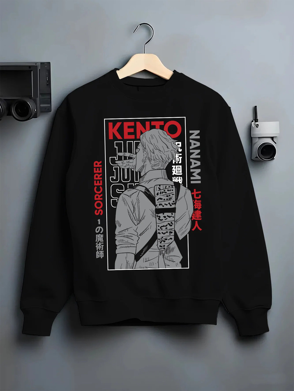 Black crewneck sweatshirt on hanger showing Kento Nanami from Jujutsu Kaisen: suited sorcerer