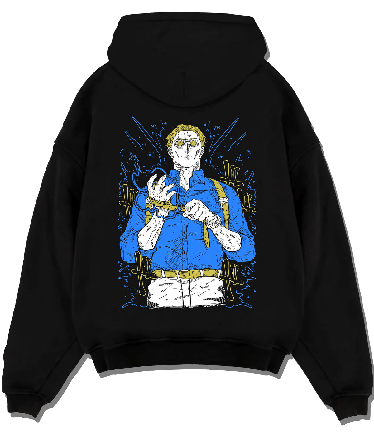 Black hoodie flat back view showing Kento Nanami from Jujutsu Kaisen: blond sorcerer with goggles