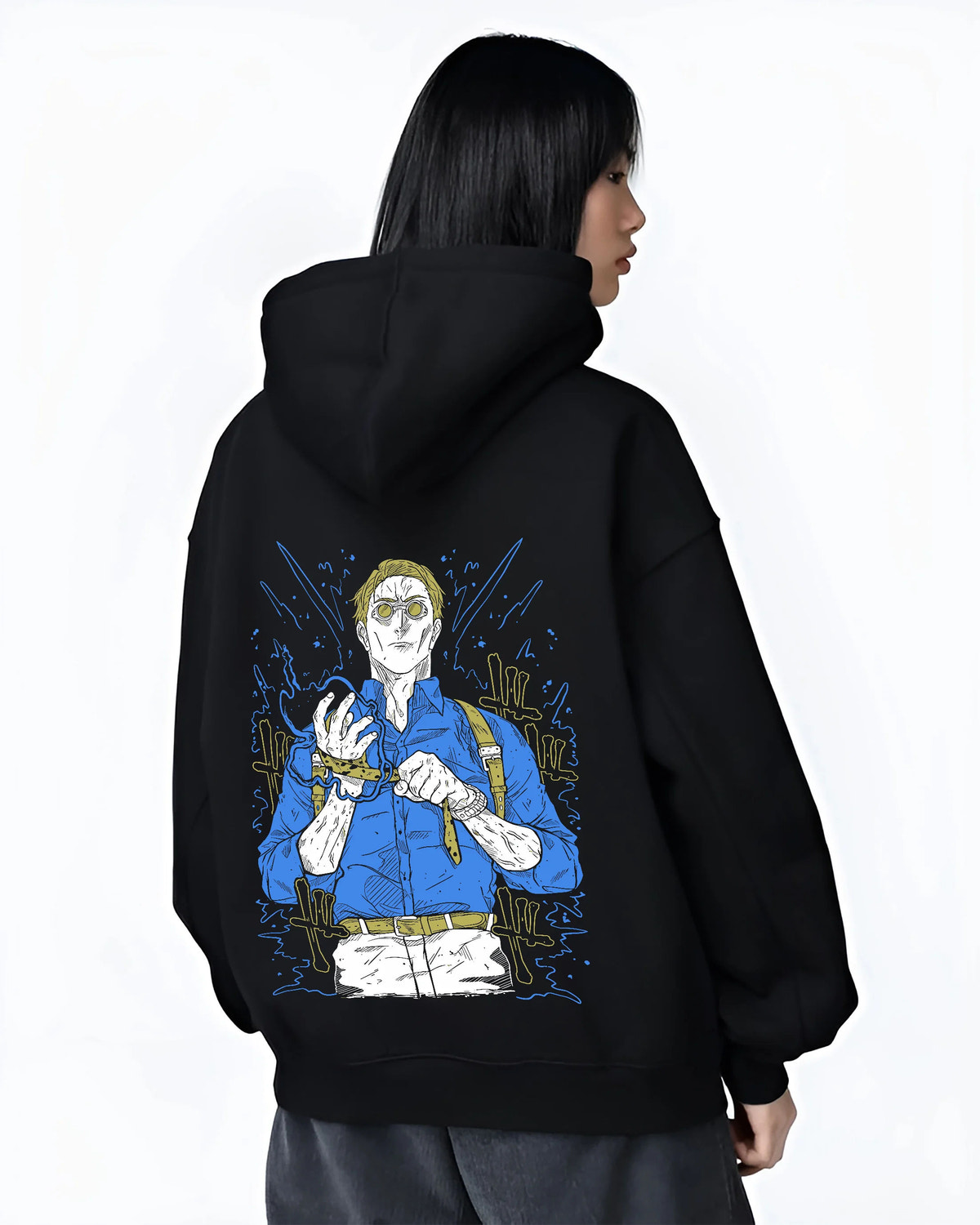 Black hoodie female model back view showing Kento Nanami from Jujutsu Kaisen: blond sorcerer with goggles