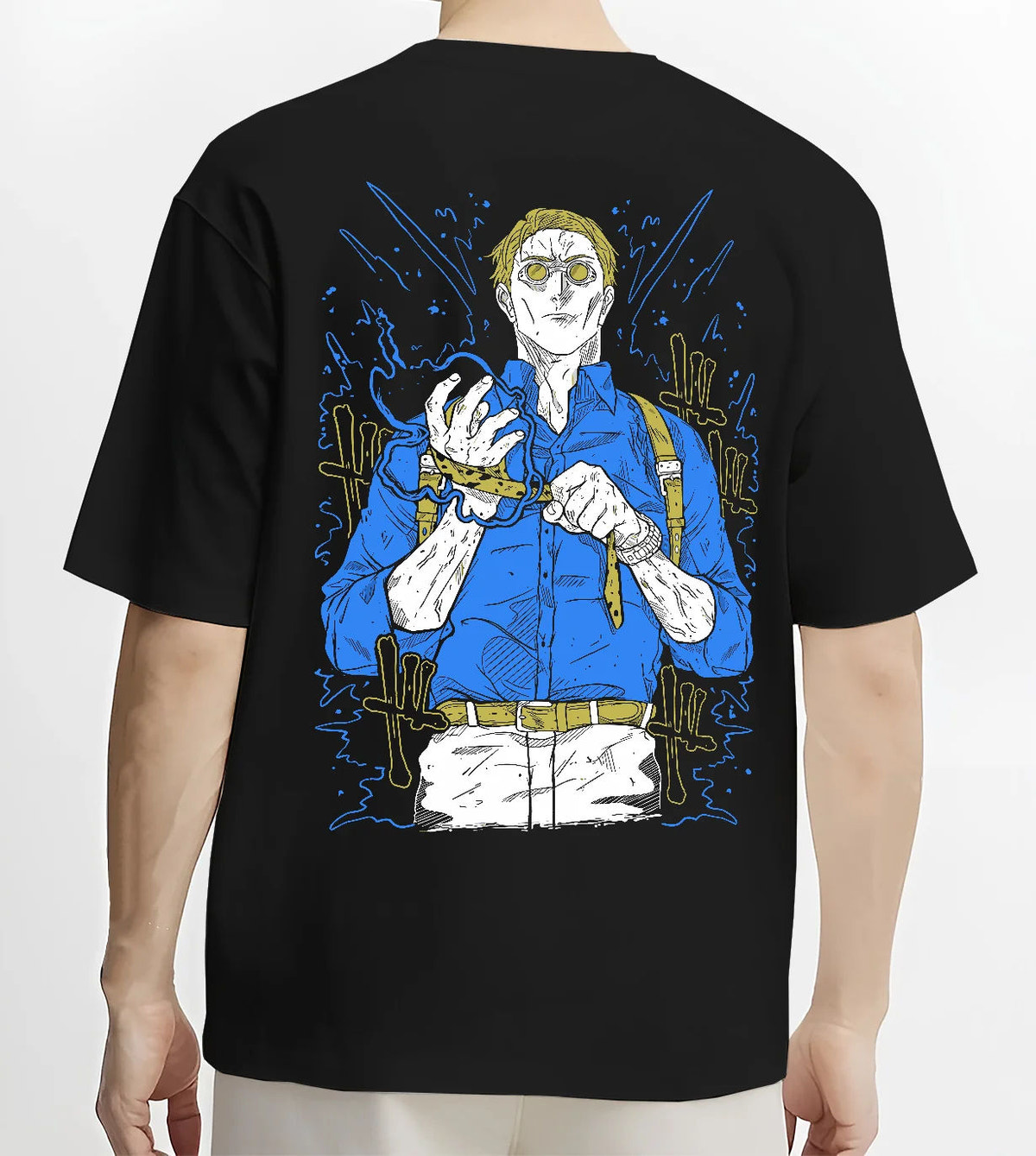 Black T-shirt model back view showing Kento Nanami from Jujutsu Kaisen: blond sorcerer with goggles