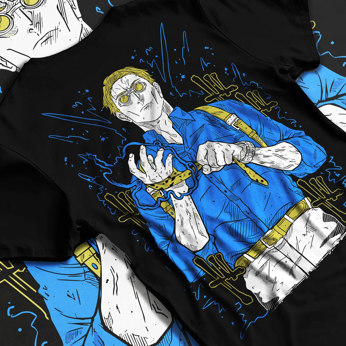 Black T-shirt flat back view showing Kento Nanami from Jujutsu Kaisen: blond sorcerer with goggles