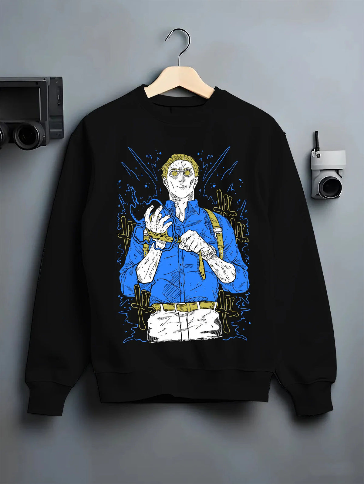 Black crewneck sweatshirt on hanger showing Kento Nanami from Jujutsu Kaisen: blond sorcerer with goggles