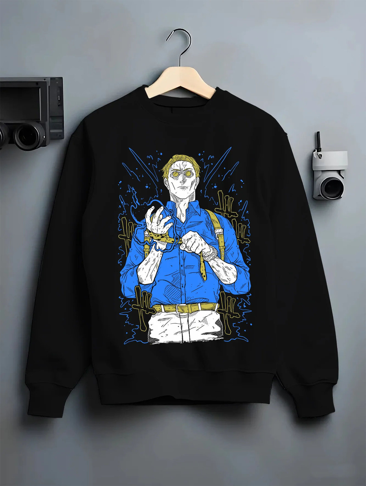 Black crewneck sweatshirt on hanger showing Kento Nanami from Jujutsu Kaisen: blond sorcerer with goggles