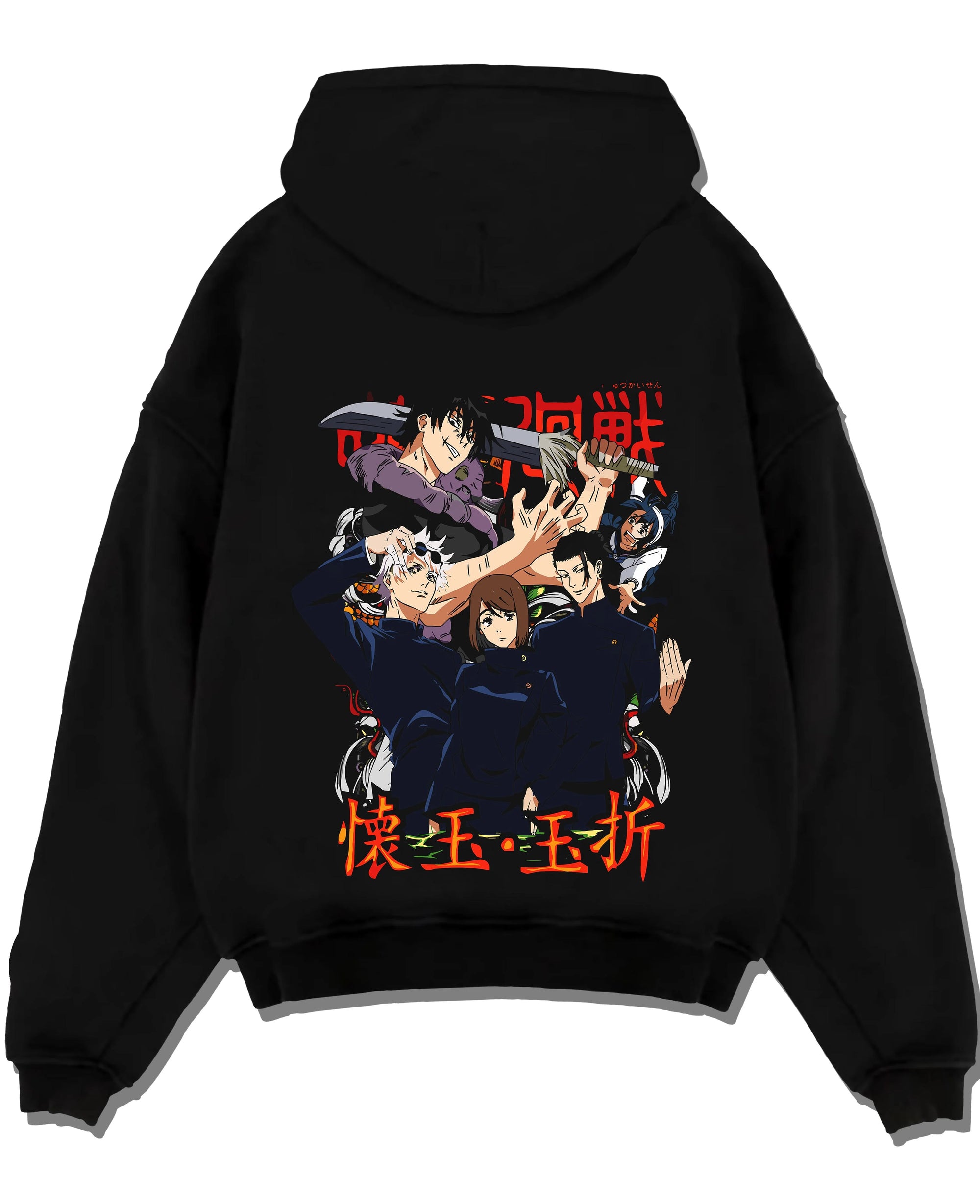 Black pullover hoodie laid flat with Kento Nanami Hoodie Jujutsu Kaisen Sorcerer graphic streetwear graphic.