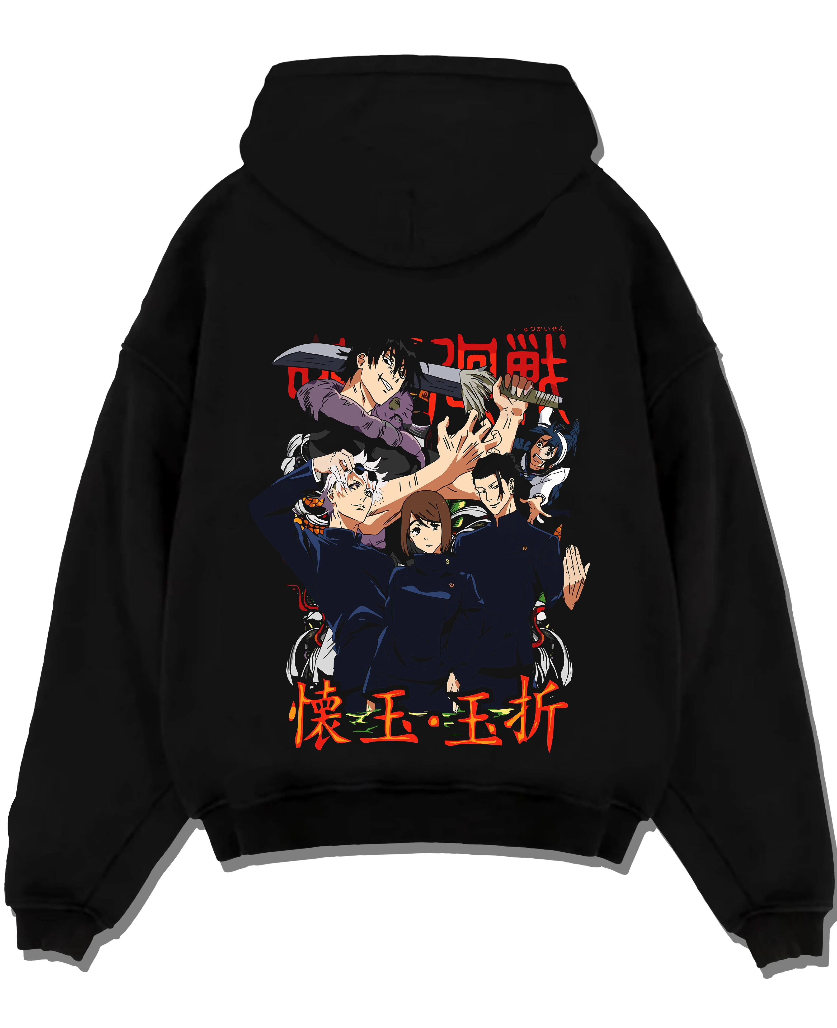 Black pullover hoodie laid flat with Kento Nanami Hoodie Jujutsu Kaisen Sorcerer graphic streetwear graphic.