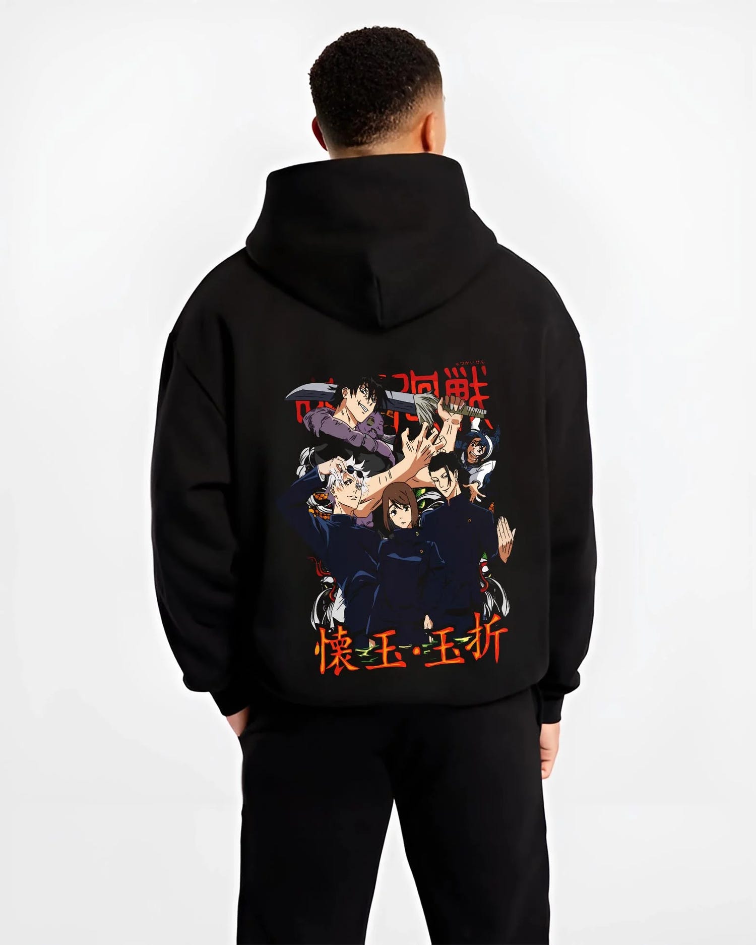 Black hoodie worn by male model, back view with Kento Nanami Hoodie Jujutsu Kaisen Sorcerer graphic premium wear.