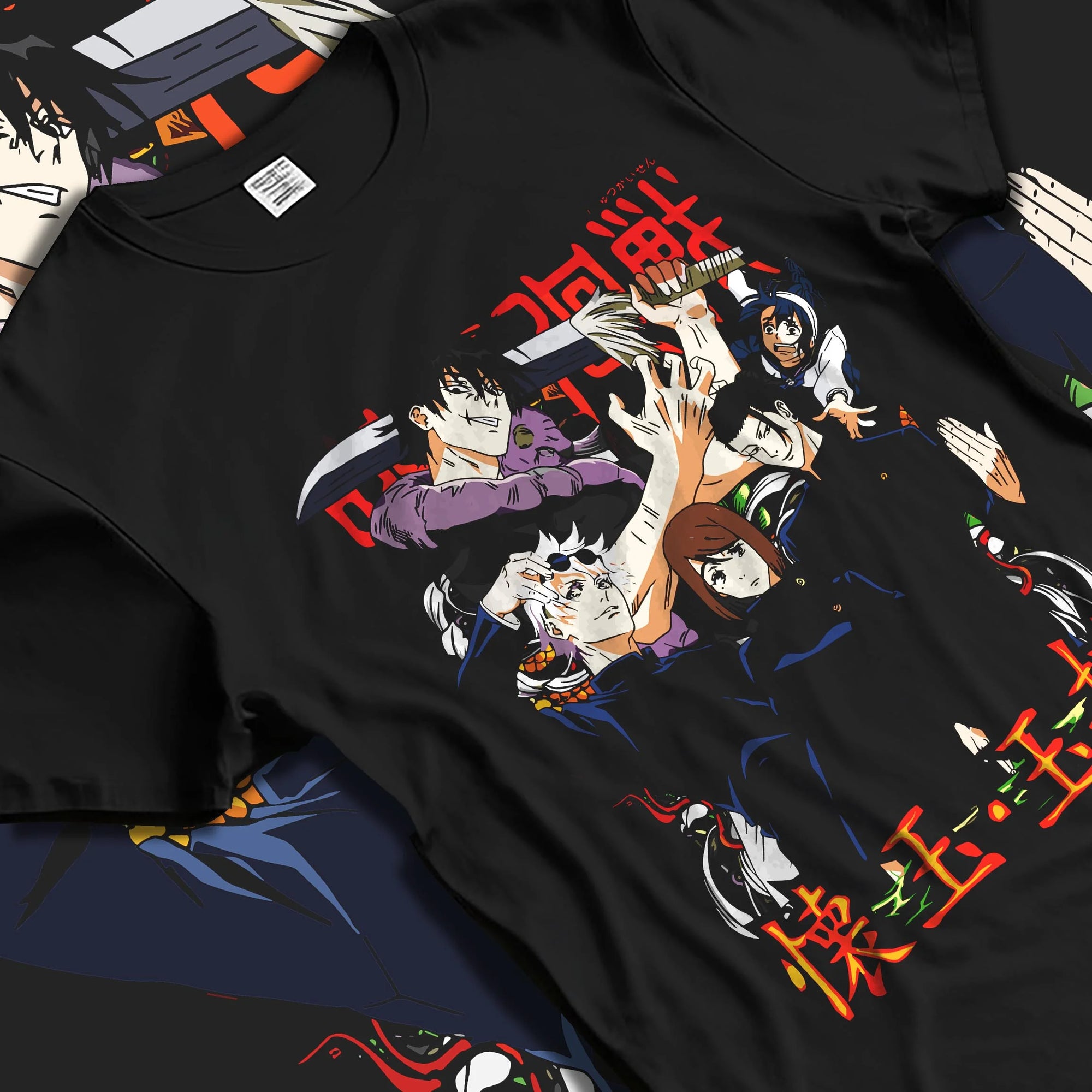 Black T-shirt laid flat with natural folds with Kento Nanami Hoodie Jujutsu Kaisen Sorcerer graphic bold anime graphic.