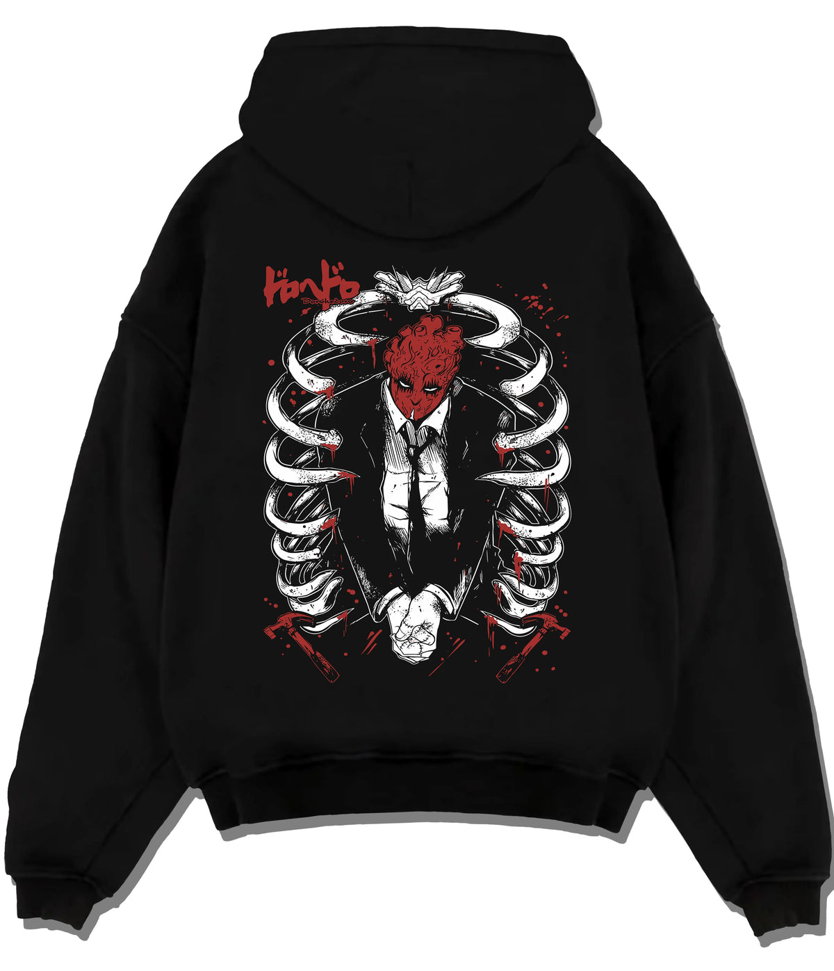 Shin from Dorohedoro framed by a ribcage in dark manga artwork on flat back hoodie design