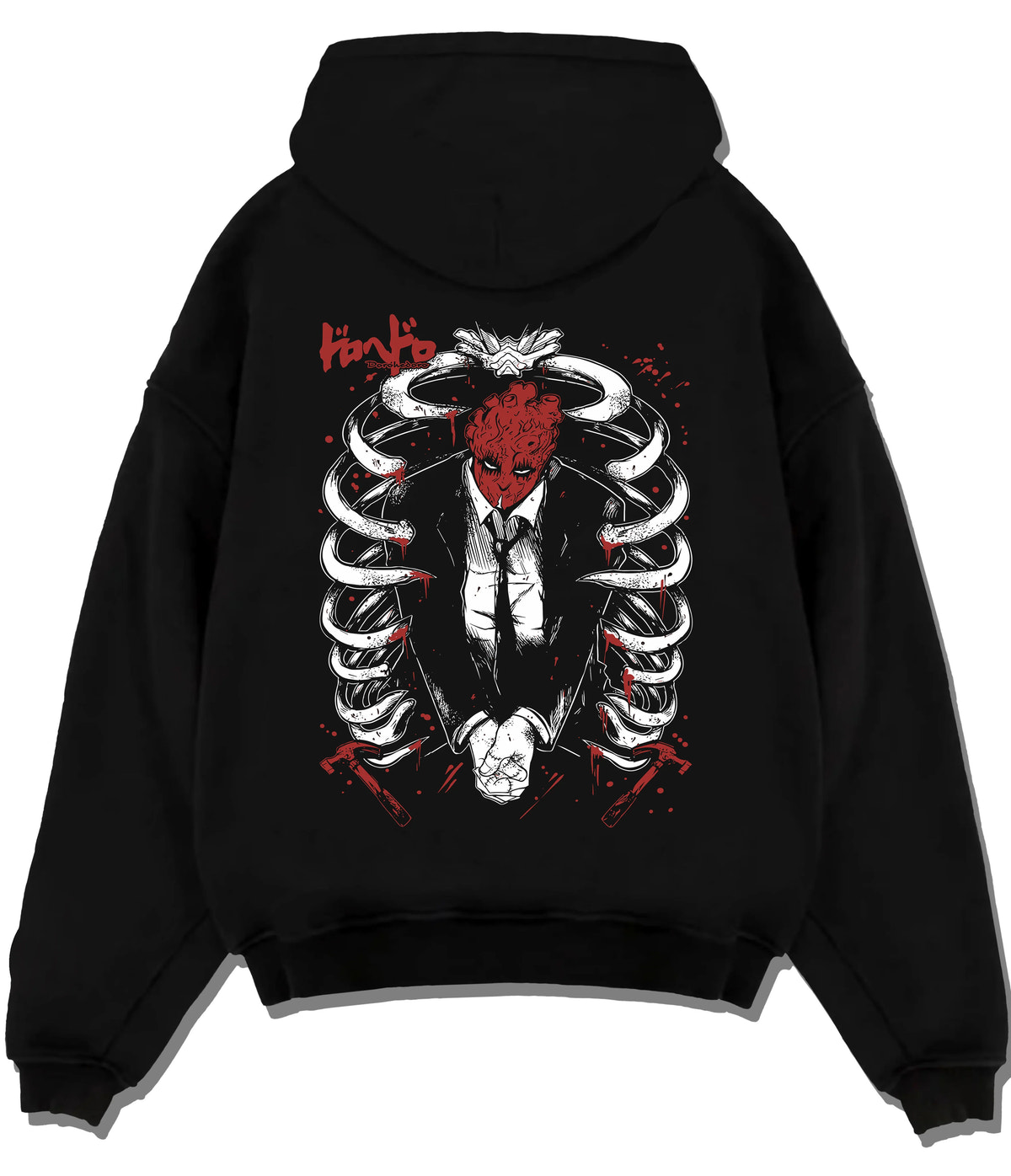 Shin from Dorohedoro framed by a ribcage in dark manga artwork on flat back hoodie design