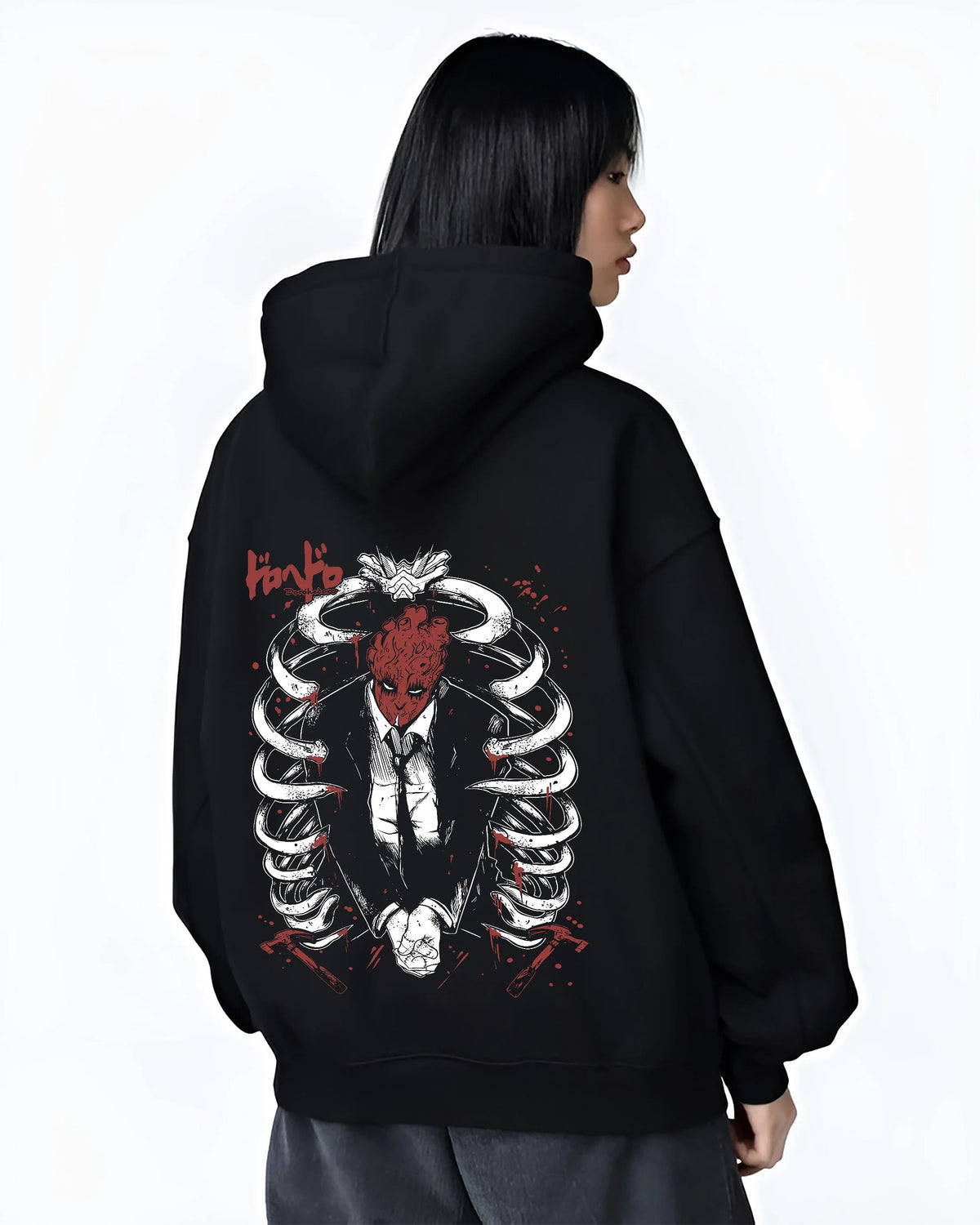 Shin from Dorohedoro framed by a ribcage in dark manga artwork on female hoodie model back view