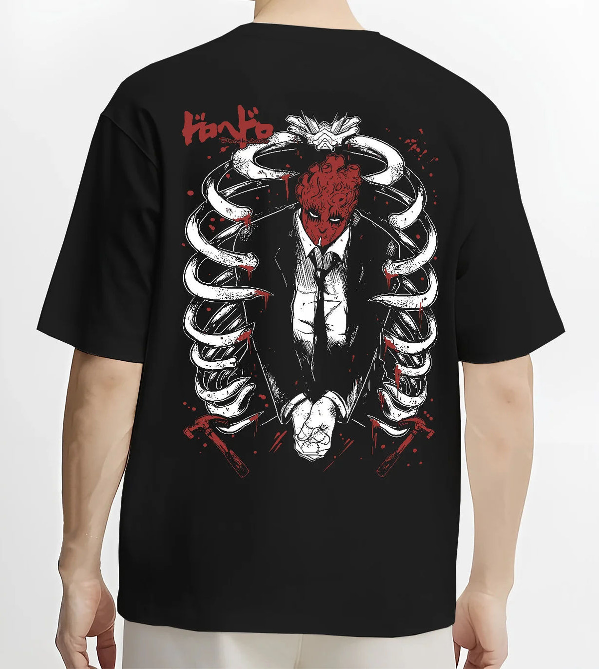 Shin from Dorohedoro framed by a ribcage in dark manga artwork on black T-shirt model back view
