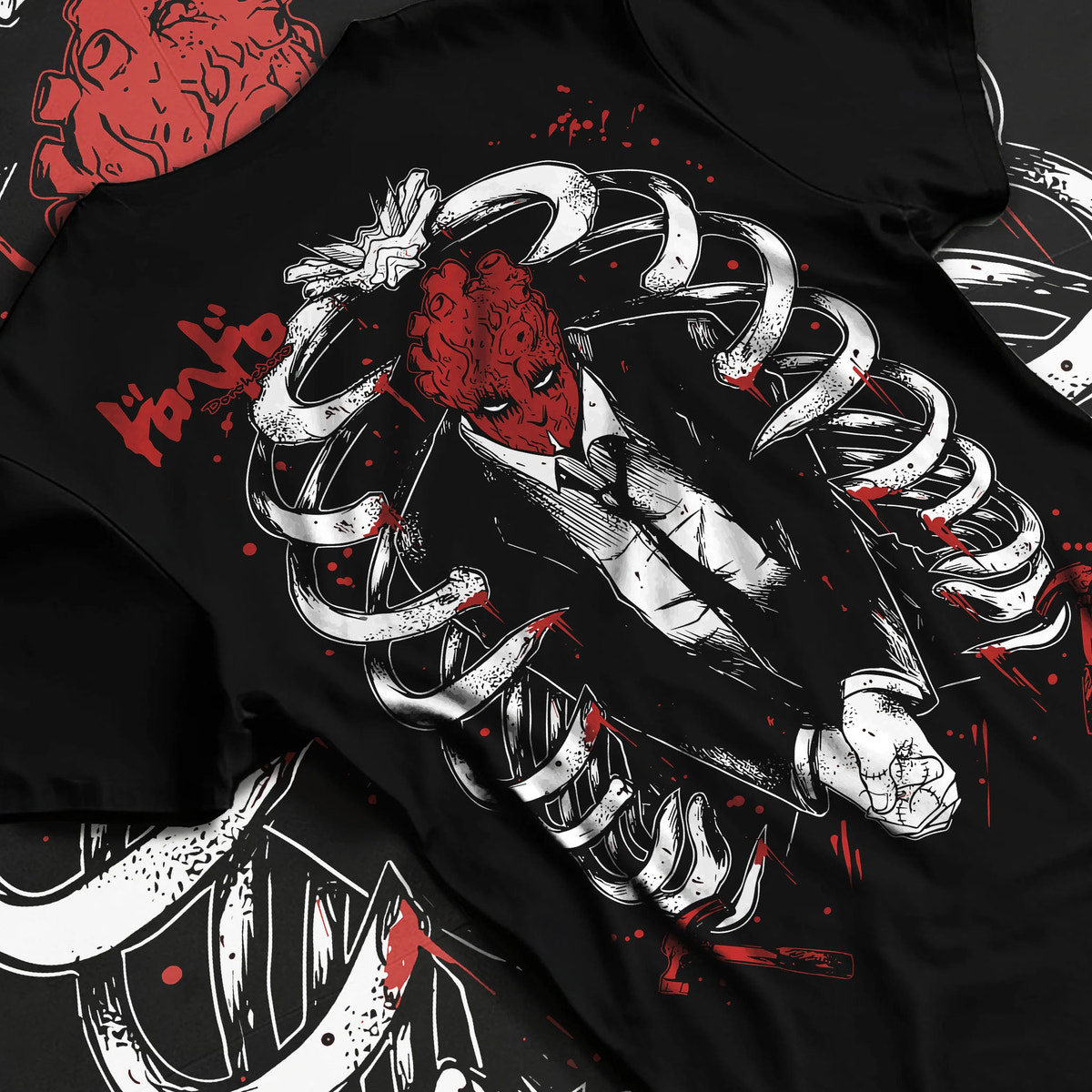 Shin from Dorohedoro framed by a ribcage in dark manga artwork on graphic T-shirt flat lay