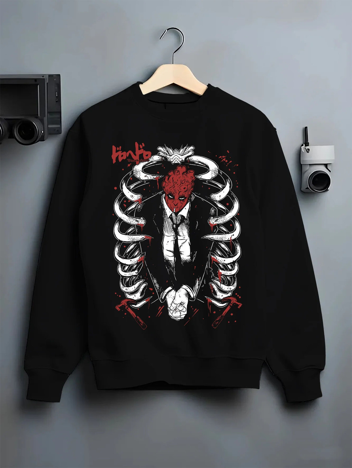 Shin from Dorohedoro framed by a ribcage in dark manga artwork on crewneck sweatshirt hanger