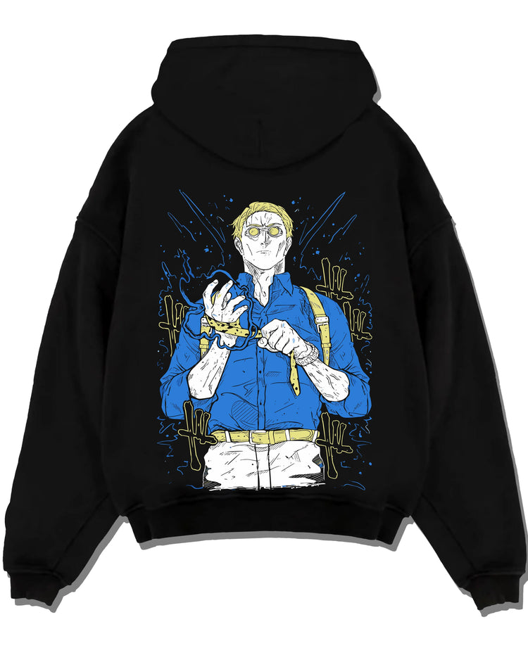 Black pullover hoodie laid flat with Nanami Hoodie Jujutsu Kaisen Detective Suit graphic premium wear.