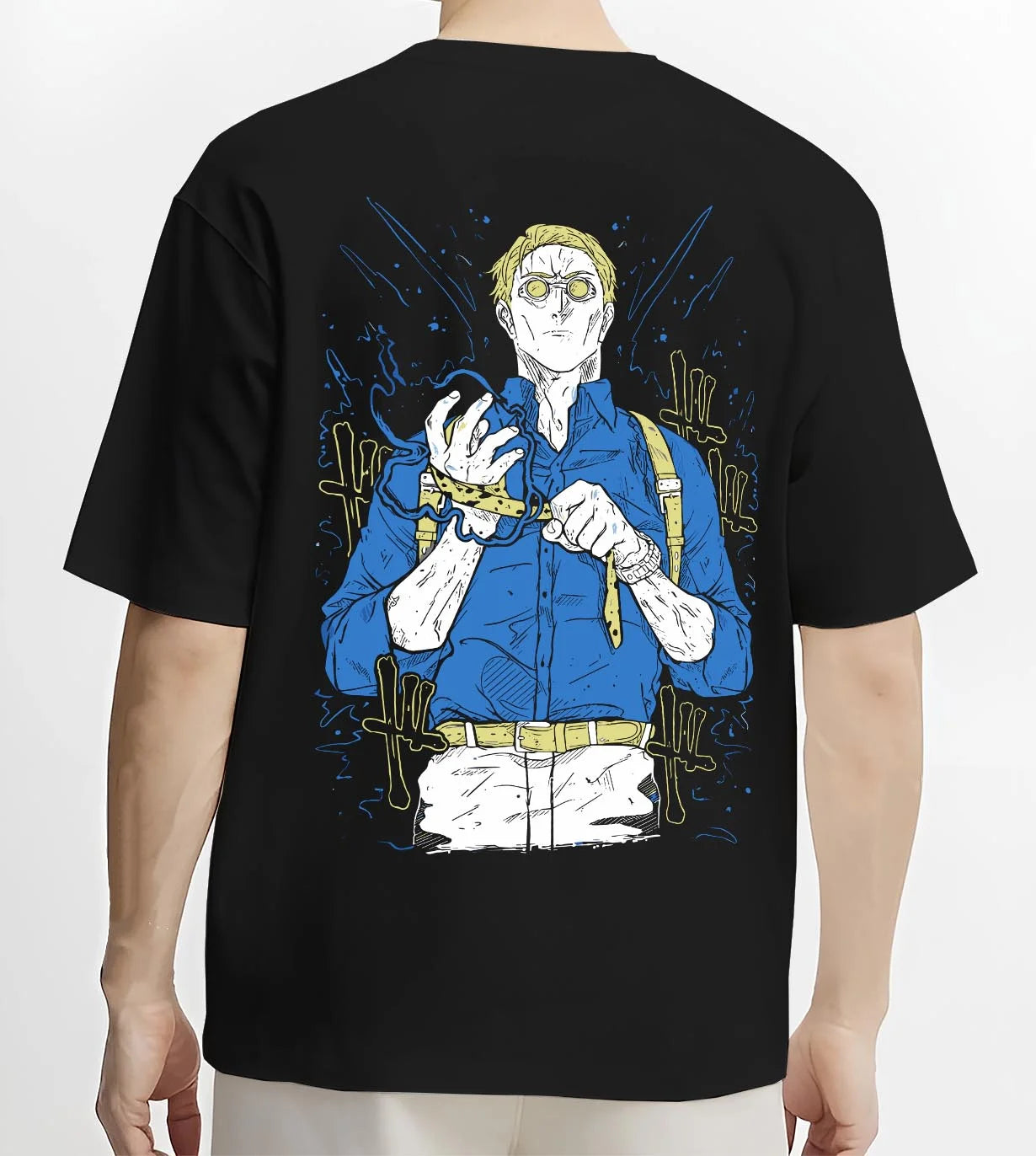 Black T-shirt worn by male model, back view with Nanami Hoodie Jujutsu Kaisen Detective Suit graphic premium wear.