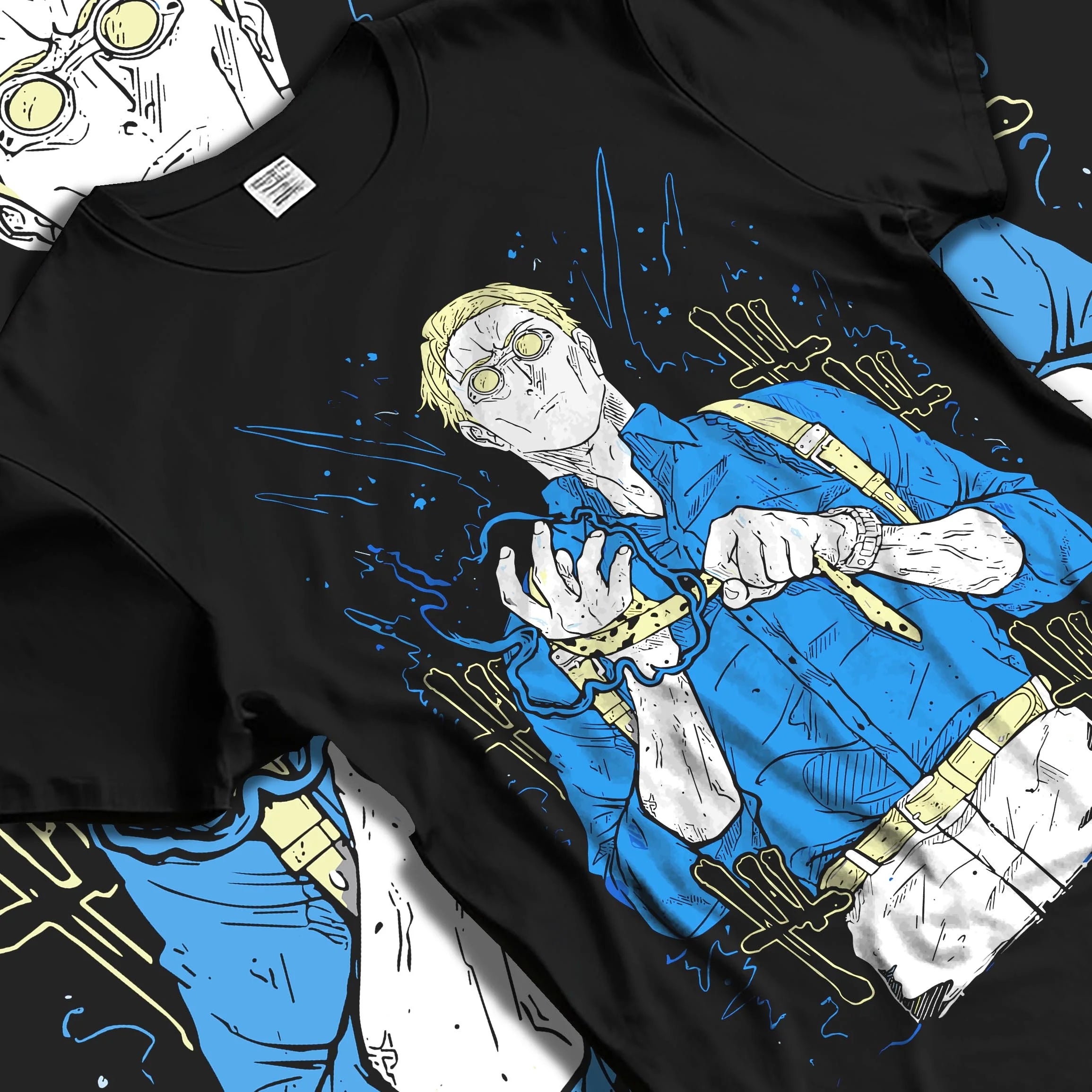 Black T-shirt laid flat with natural folds with Nanami Hoodie Jujutsu Kaisen Detective Suit graphic streetwear graphic.