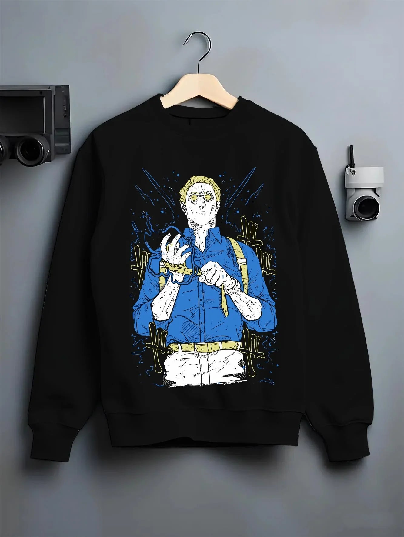 Black crewneck sweatshirt on hanger with Nanami Hoodie Jujutsu Kaisen Detective Suit graphic premium wear.