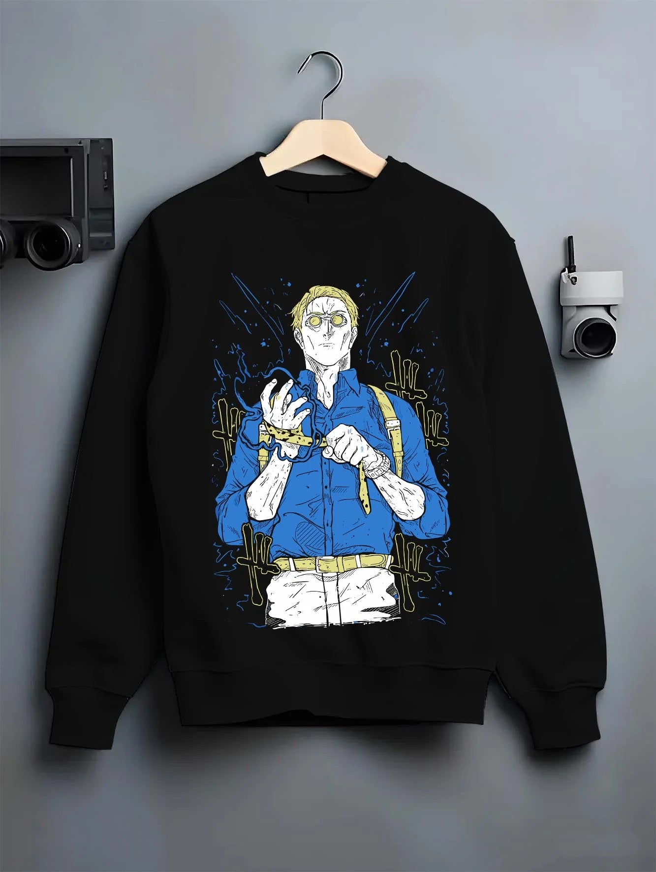 Black crewneck sweatshirt on hanger with Nanami Hoodie Jujutsu Kaisen Detective Suit graphic premium wear.