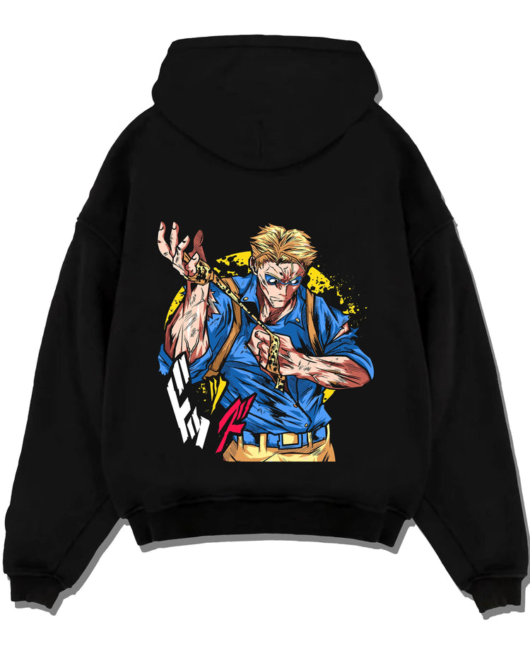 Black pullover hoodie laid flat with Joseph Joestar Hoodie JoJo’s Bizarre Adventure graphic streetwear graphic.
