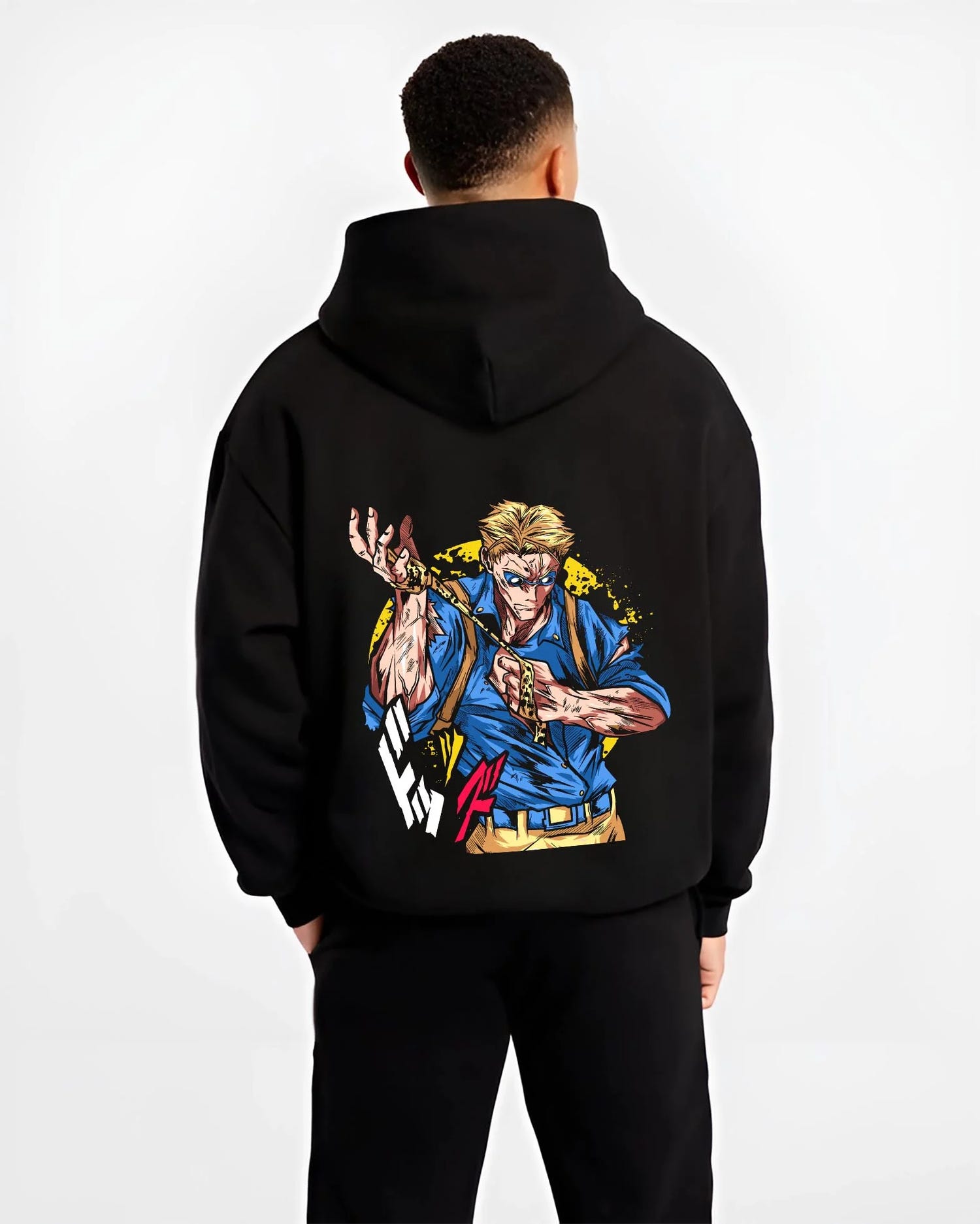 Black hoodie worn by male model, back view with Joseph Joestar Hoodie JoJo’s Bizarre Adventure graphic streetwear graphic.