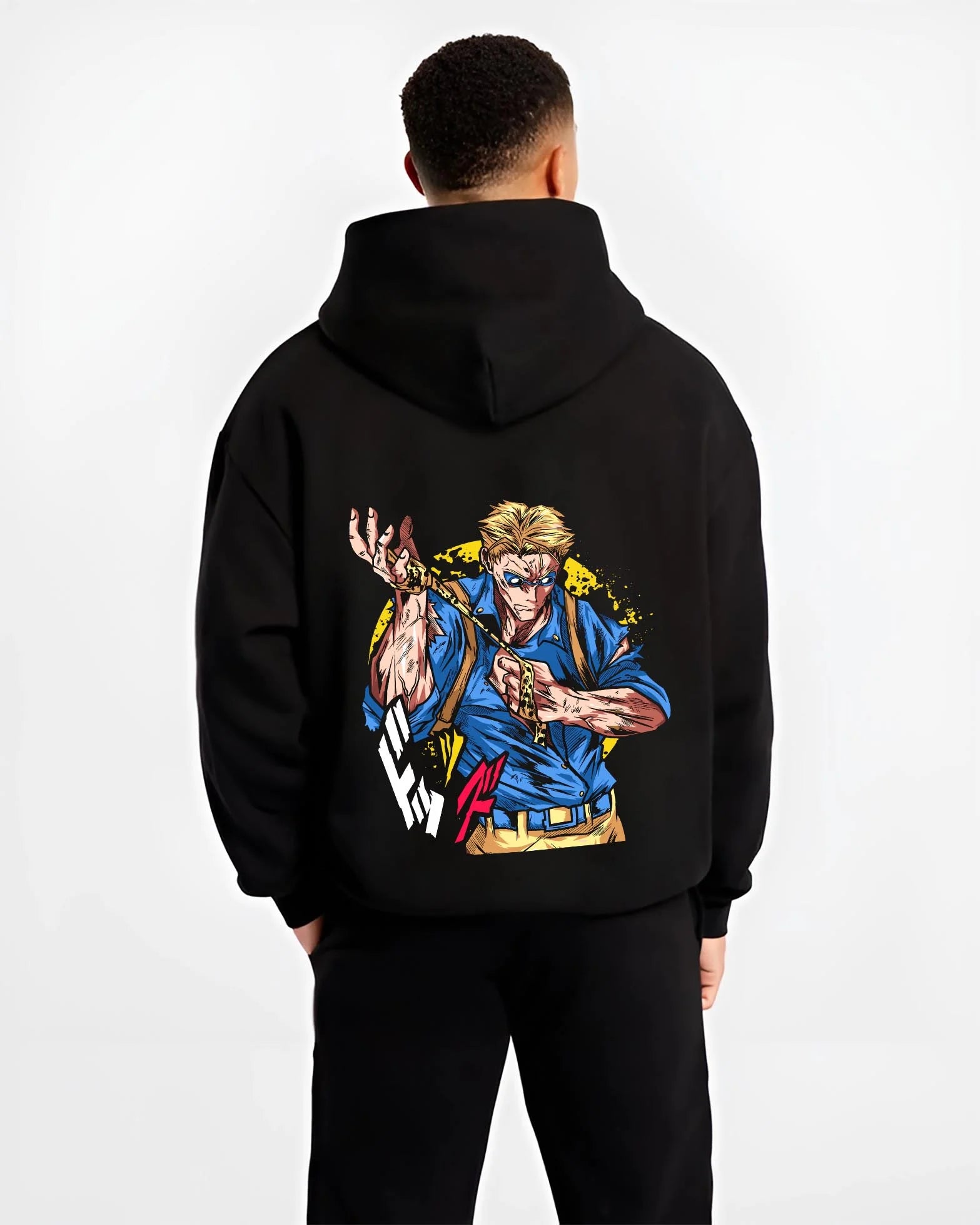 Black hoodie worn by male model, back view with Joseph Joestar Hoodie JoJo’s Bizarre Adventure graphic streetwear graphic.